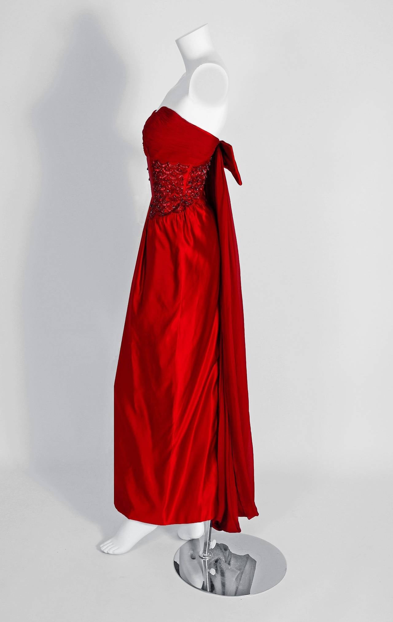 Women's 1950's Seductive Ruby-Red Beaded Satin Chiffon Strapless Hourglass Evening Gown