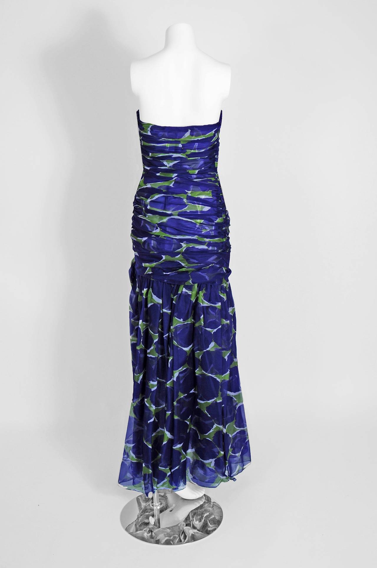 1979 Yves Saint Laurent Purple & Green Abstract Ruched-Silk Strapless Gown 1