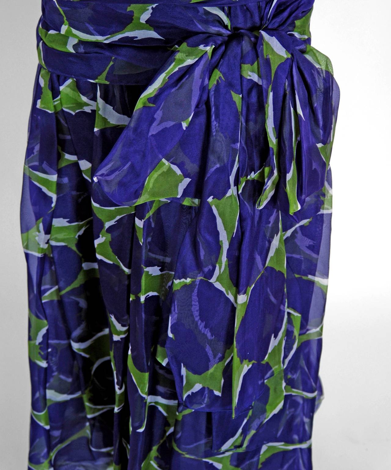 1979 Yves Saint Laurent Purple & Green Abstract Ruched-Silk Strapless Gown In Excellent Condition In Beverly Hills, CA