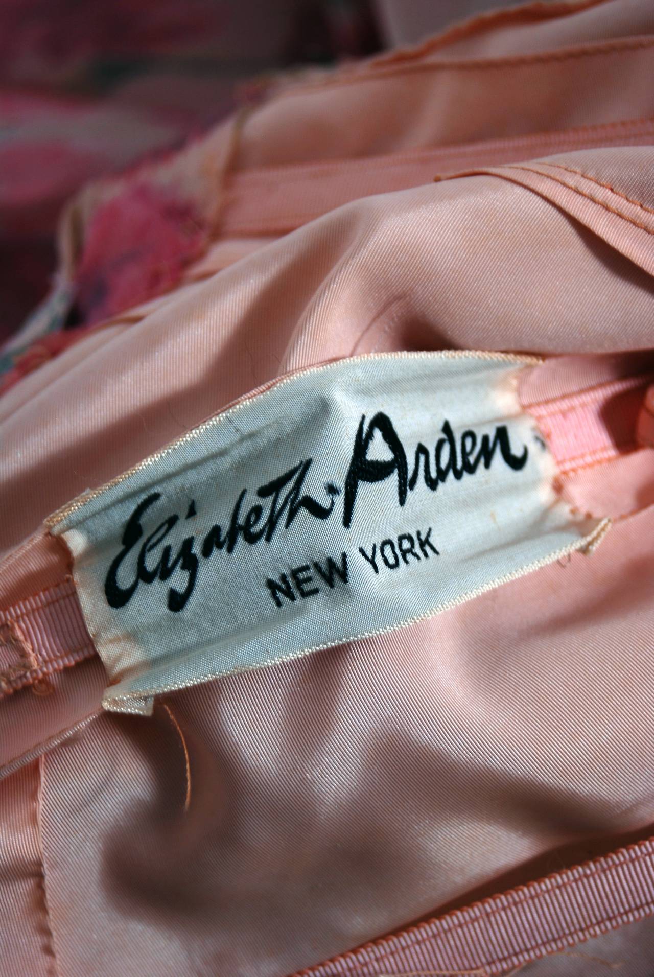 1950's Elizabeth Arden Couture Pink Watercolor Floral Silk Strapless Dress In Excellent Condition In Beverly Hills, CA