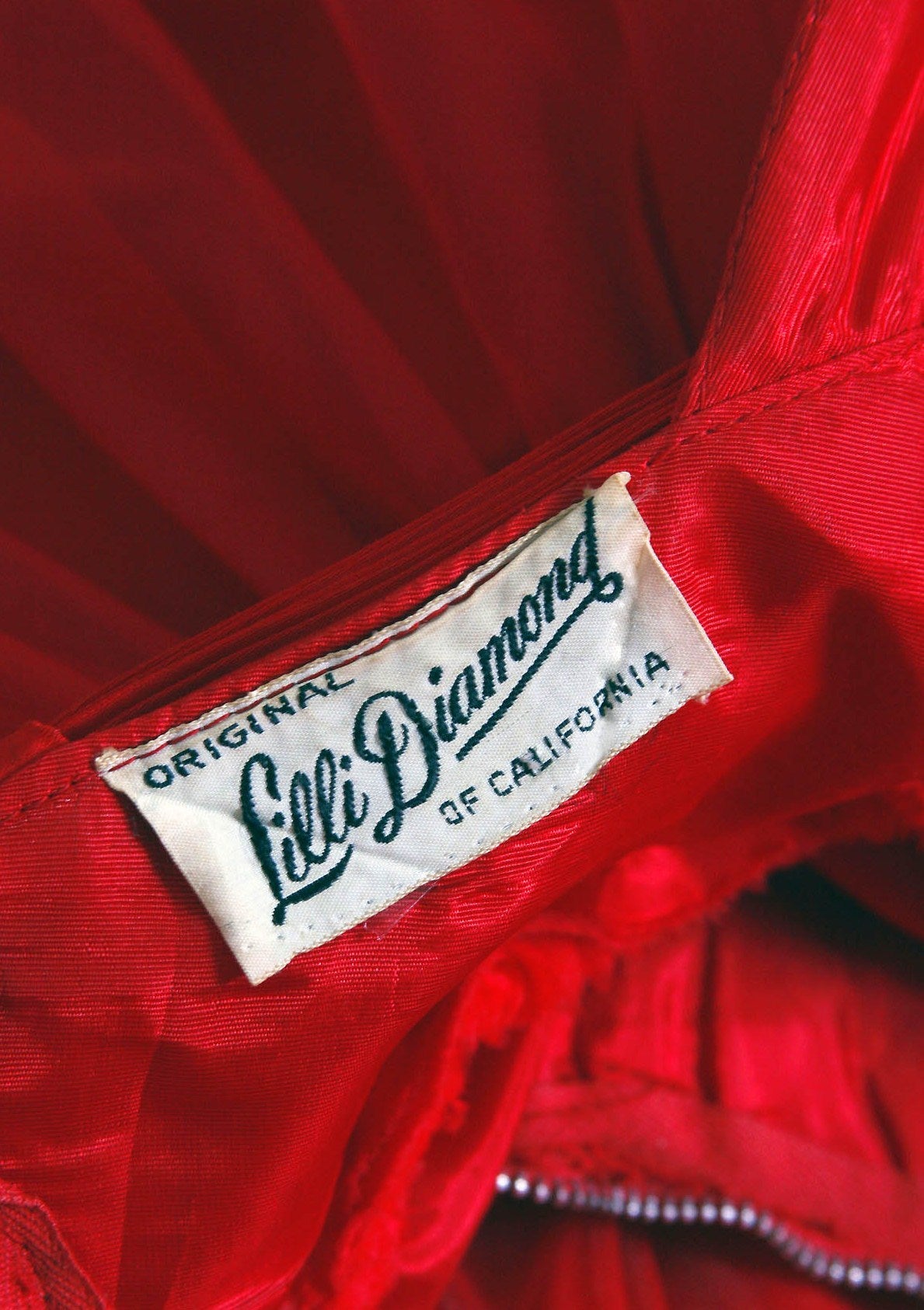1950's Lilli Diamond Ruby-Red Chiffon Rhinestone Halter Backless Party Dress 1