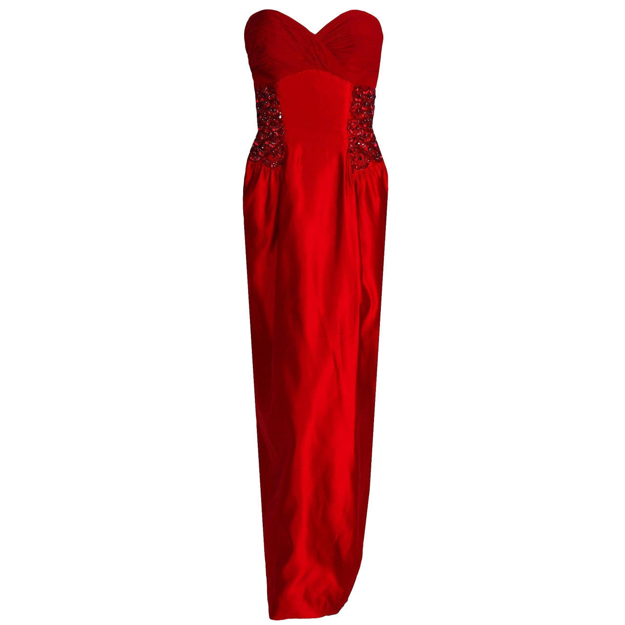 1950 S Seductive Ruby Red Beaded Satin Chiffon Strapless Hourglass