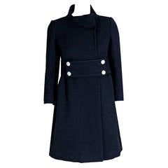 1968 Calvin Klein Black Wool Rhinestones Belted Mod Space-Age Tailored Coat