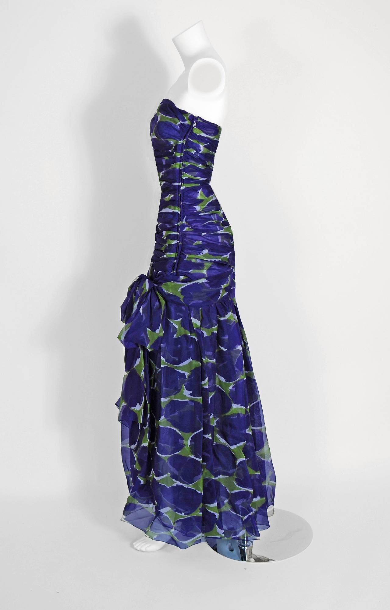 Women's 1979 Yves Saint Laurent Purple & Green Abstract Ruched-Silk Strapless Gown