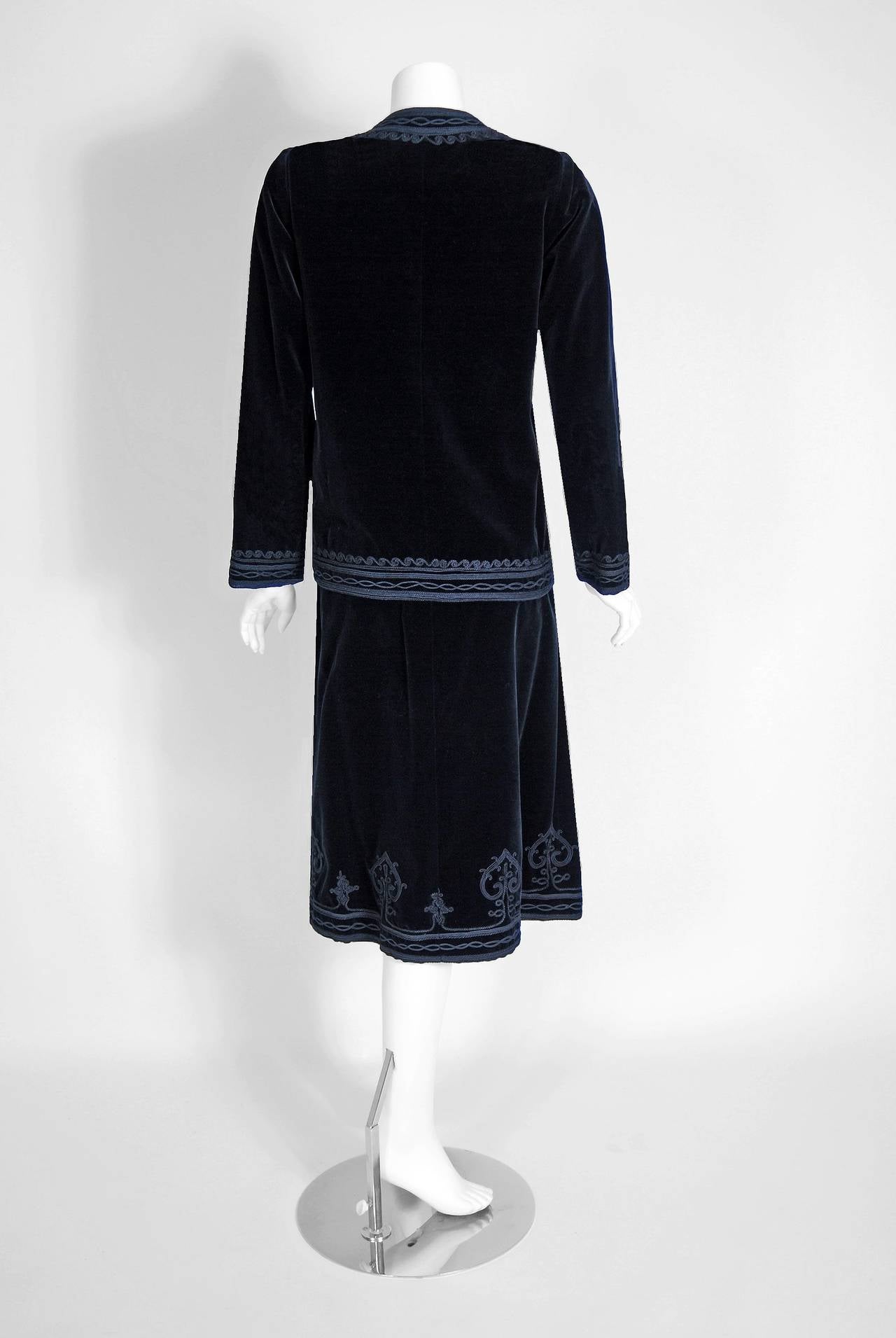 1976 Yves Saint Laurent Embroidered Black Velvet Bohemian Russian Jacket & Skirt 1