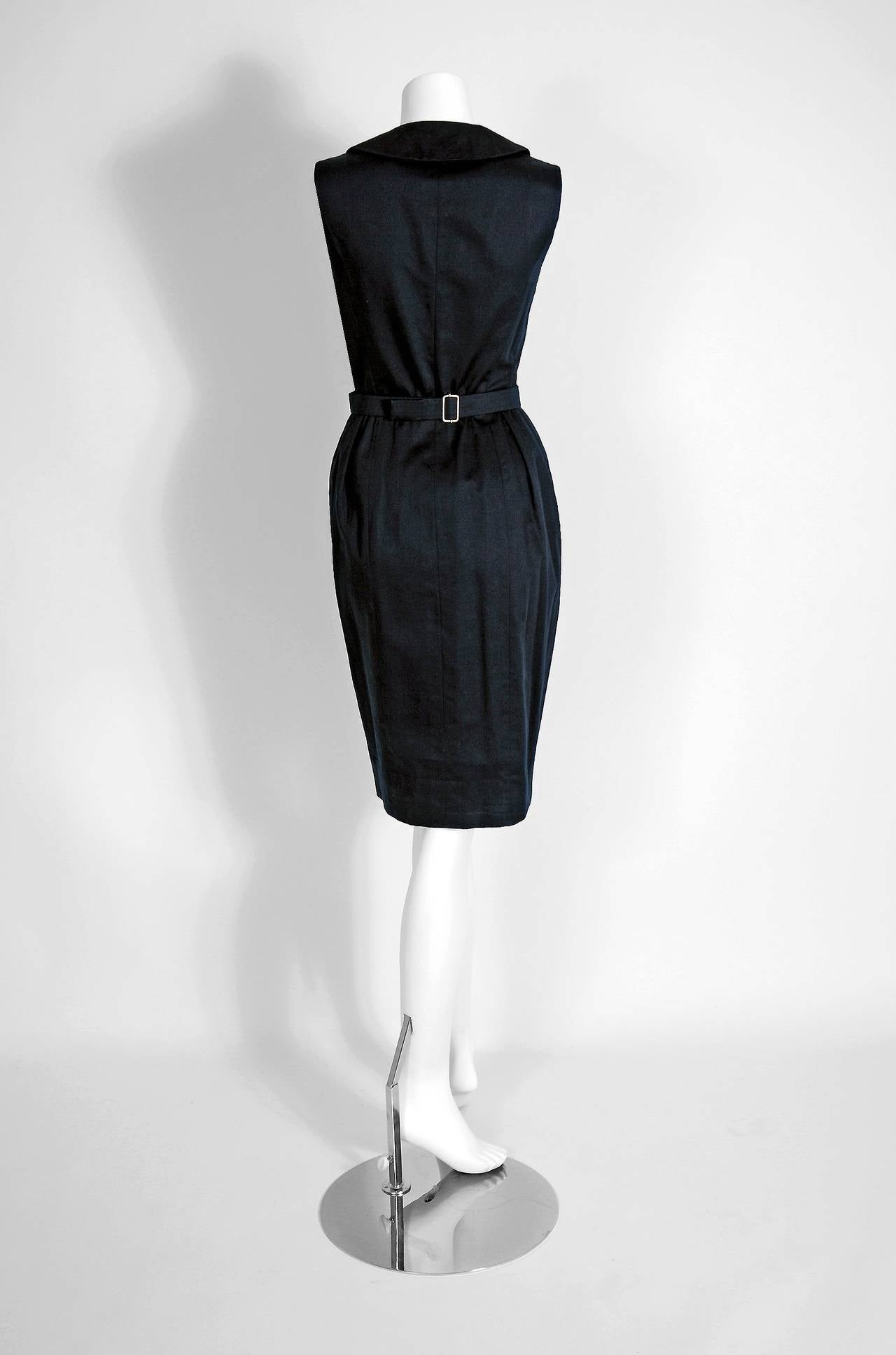Women's 1990's Chanel Black Cotton Double-Breasted Military Belted Hourglass Dress