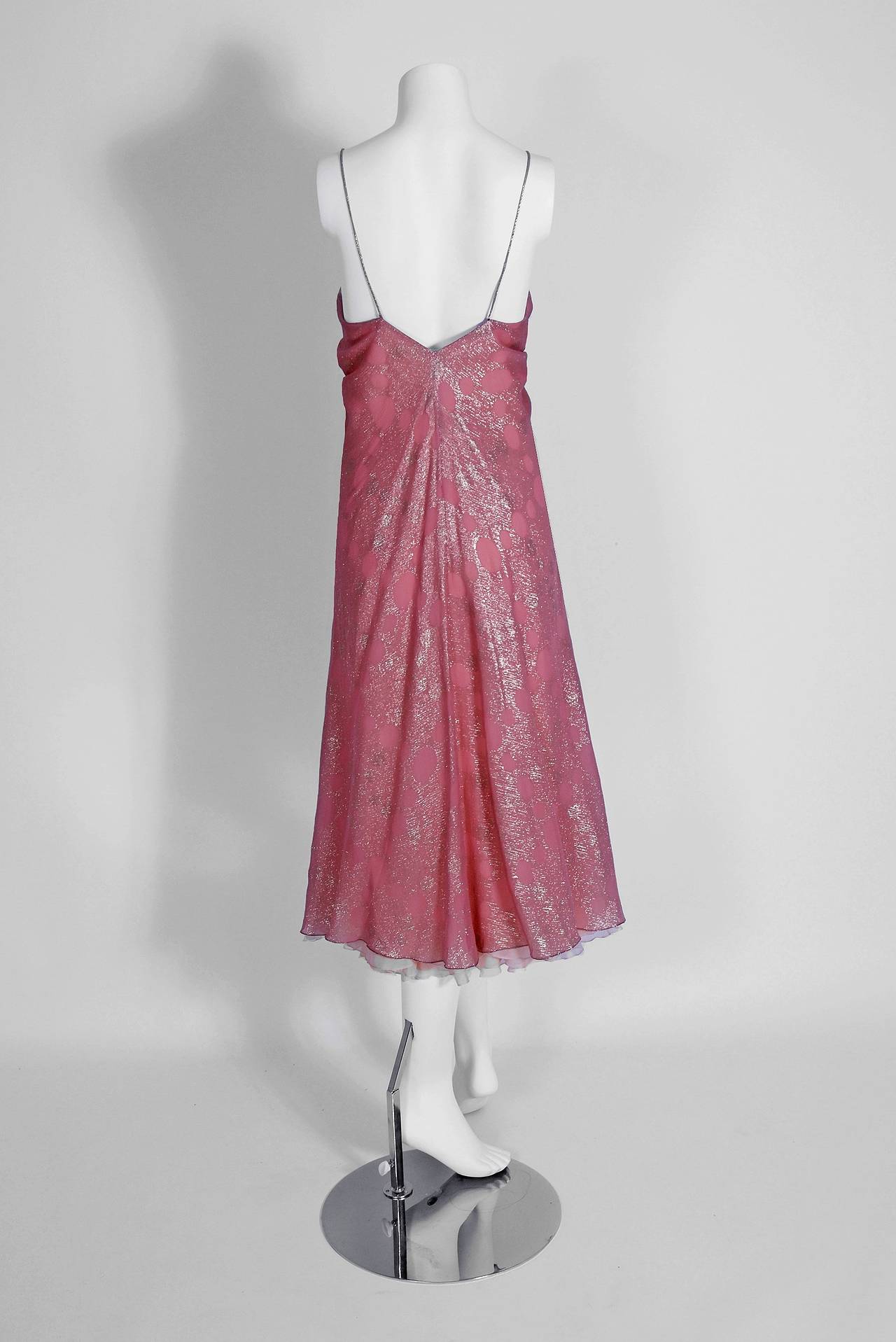 Women's 1970's Stavropoulos Metallic Pink Silk-Chiffon Grecian Low-Plunge Party Dress