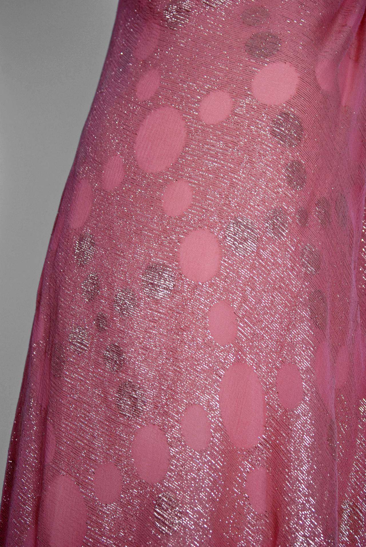 1970's Stavropoulos Metallic Pink Silk-Chiffon Grecian Low-Plunge Party Dress In Excellent Condition In Beverly Hills, CA