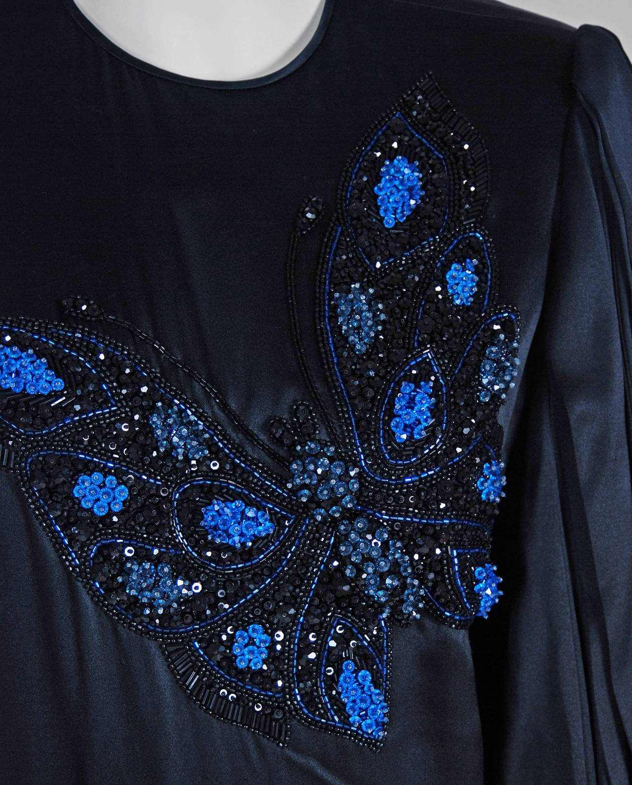 1970's Galanos Black Satin Beaded Butterfly Billow-Sleeves Draped Evening Gown In Excellent Condition In Beverly Hills, CA