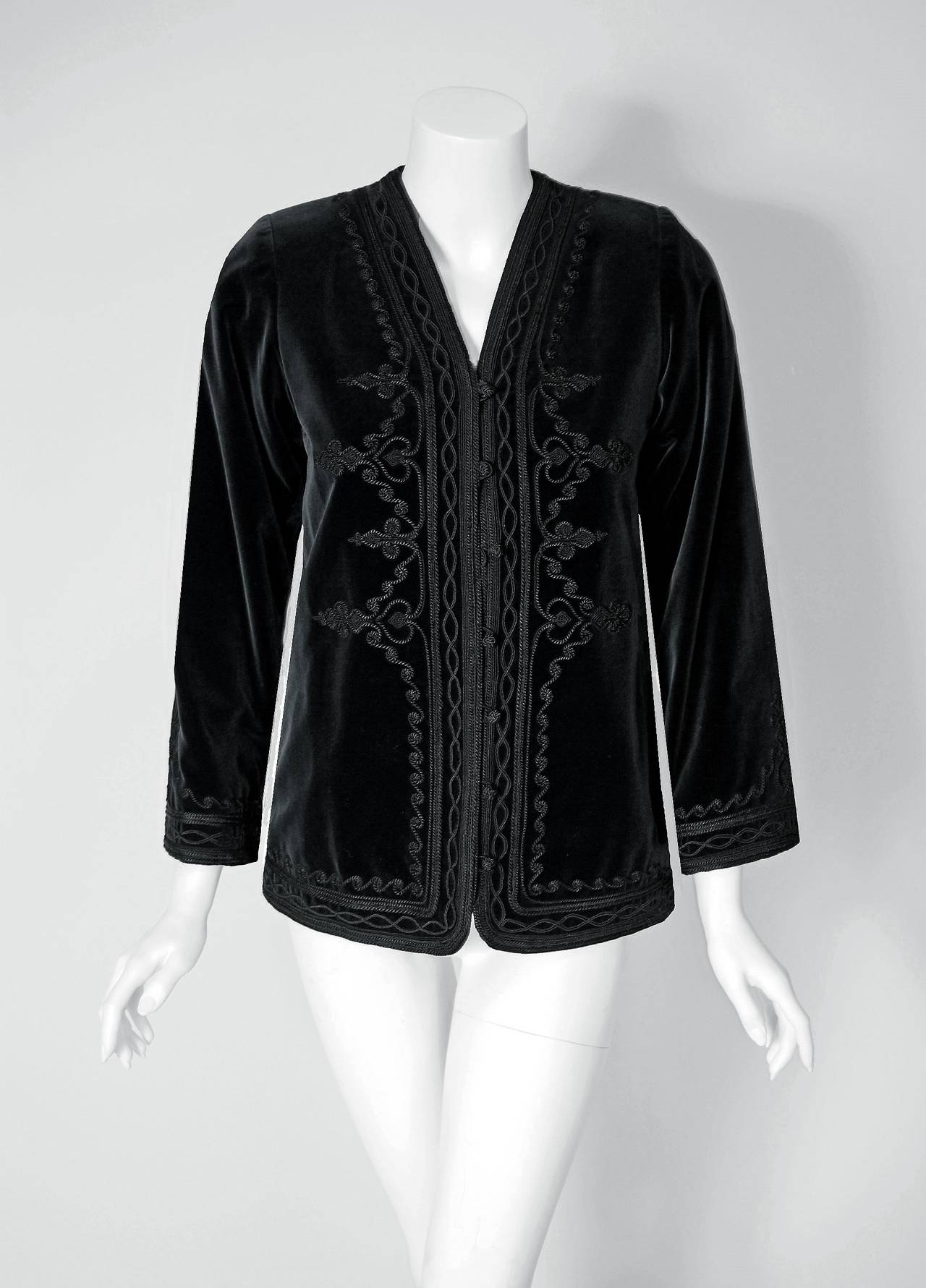 This exquisite Yves Saint Laurent embroidered jacket and skirt ensemble is from the infamous Rive Gauche Russian collection of 1976-1977. Pieces from this collection are very rare and are true examples of fashion history. I adore the unique bohemian