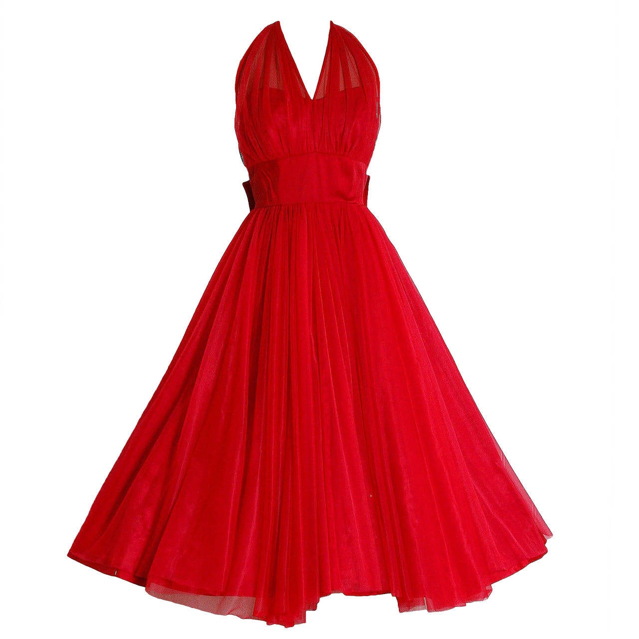1950's Lilli Diamond Ruby-Red Chiffon Rhinestone Halter Backless Party Dress