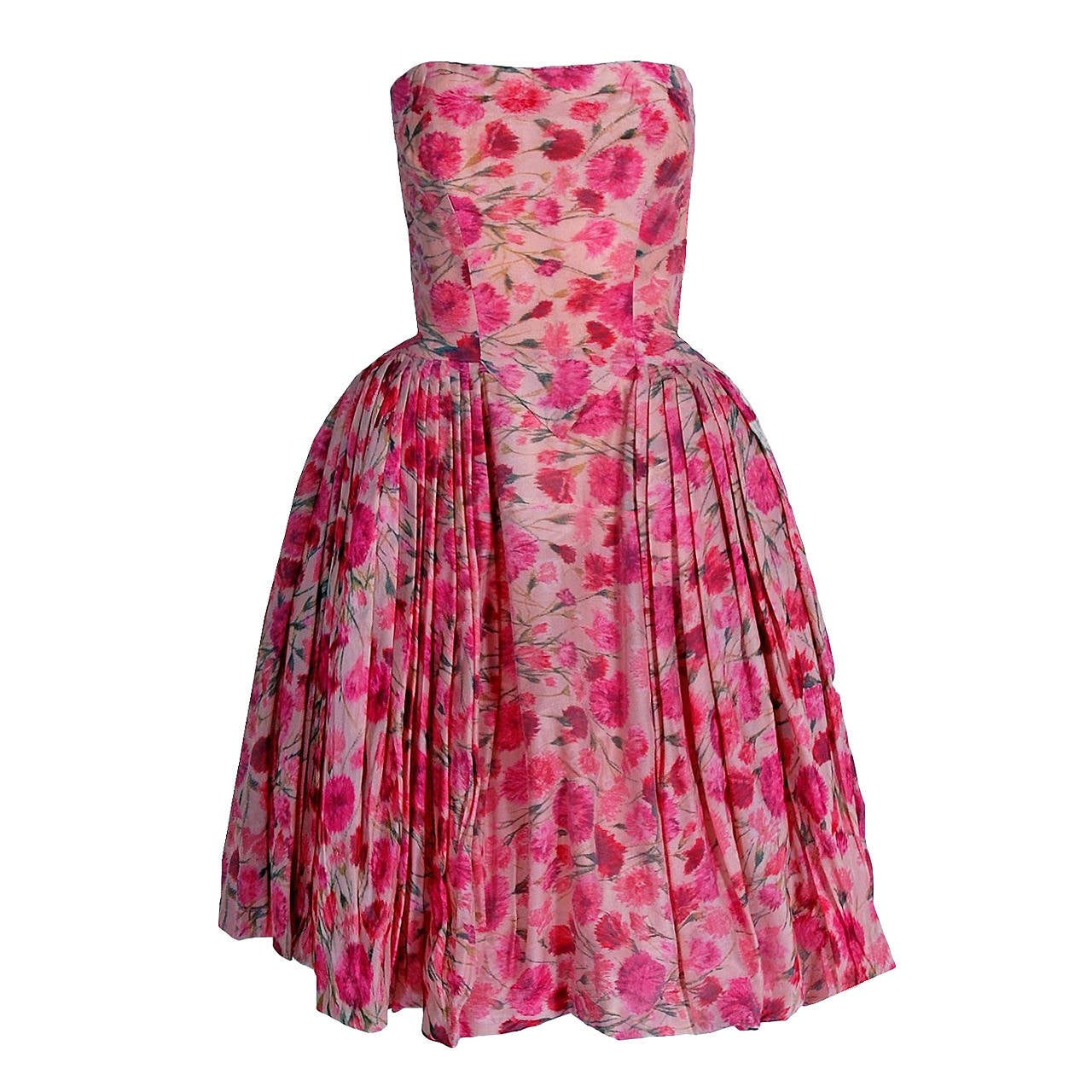 1950's Elizabeth Arden Couture Pink Watercolor Floral Silk Strapless Dress