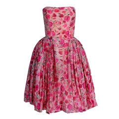 Used 1950's Elizabeth Arden Couture Pink Watercolor Floral Silk Strapless Dress