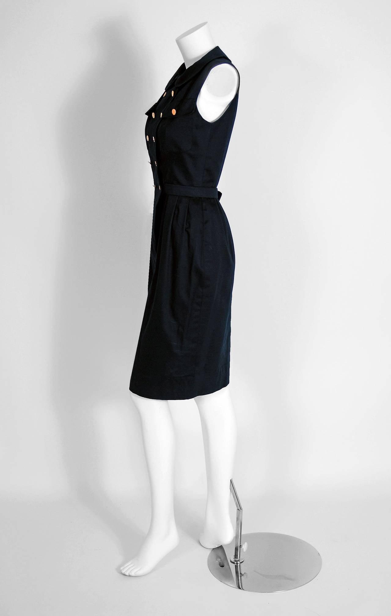 1990's Chanel Black Cotton Double-Breasted Military Belted Hourglass Dress In Excellent Condition In Beverly Hills, CA