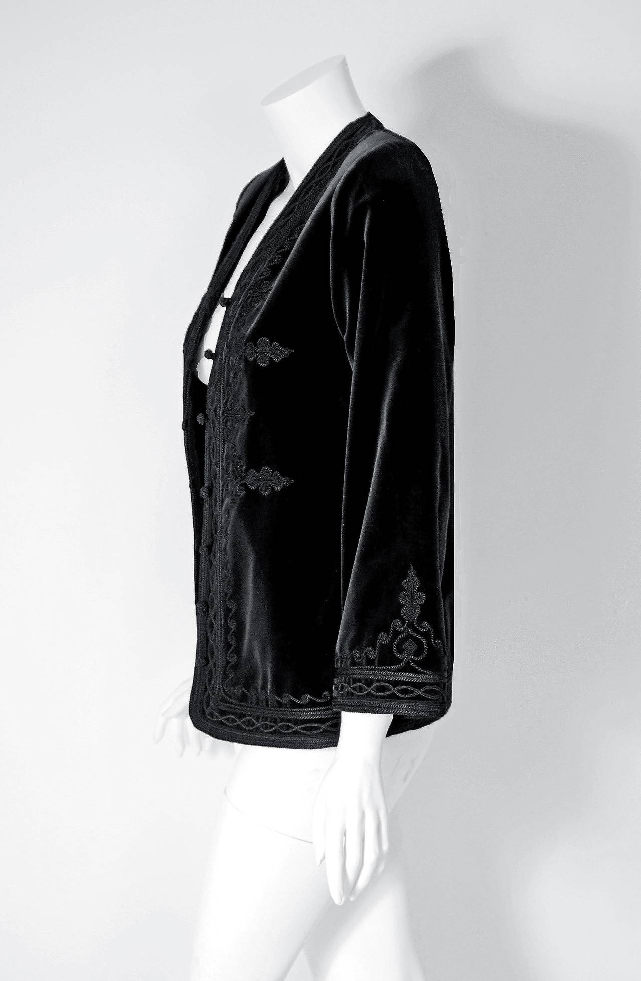 1976 Yves Saint Laurent Embroidered Black Velvet Bohemian Russian Jacket & Skirt In Excellent Condition In Beverly Hills, CA