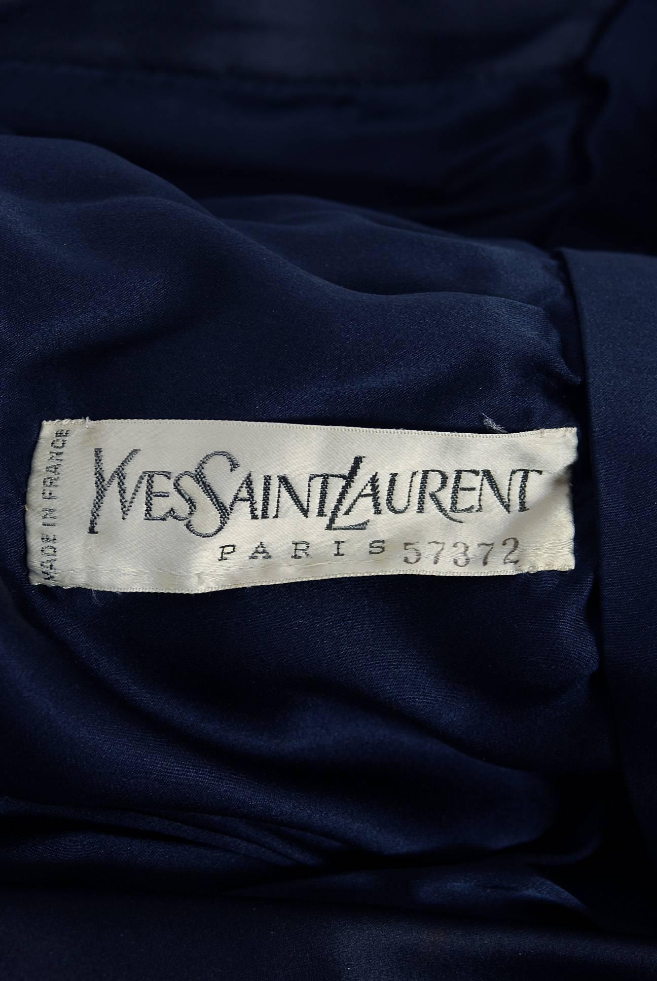Black Yves Saint Laurent Haute Couture Navy Silk / Satin Kimono Sash Wrap Dress, 1979 
