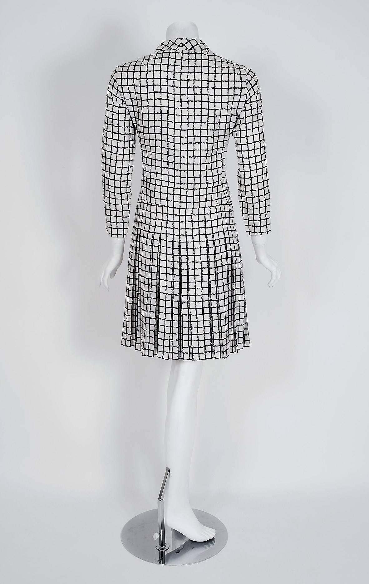 1967 Yves Saint Laurent Haute-Couture Black White Check Print Silk Pleated Dress 1