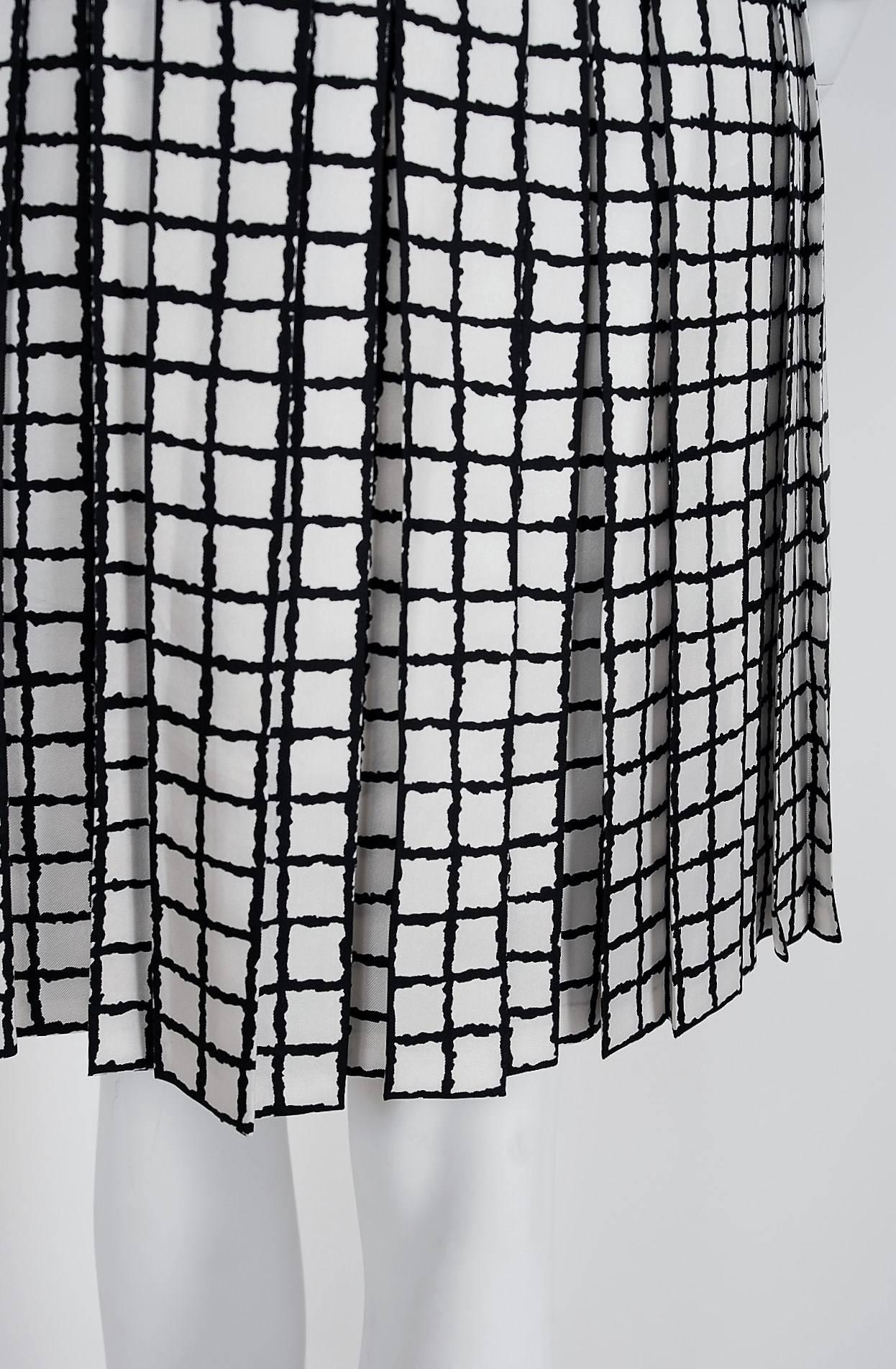 Women's 1967 Yves Saint Laurent Haute-Couture Black White Check Print Silk Pleated Dress