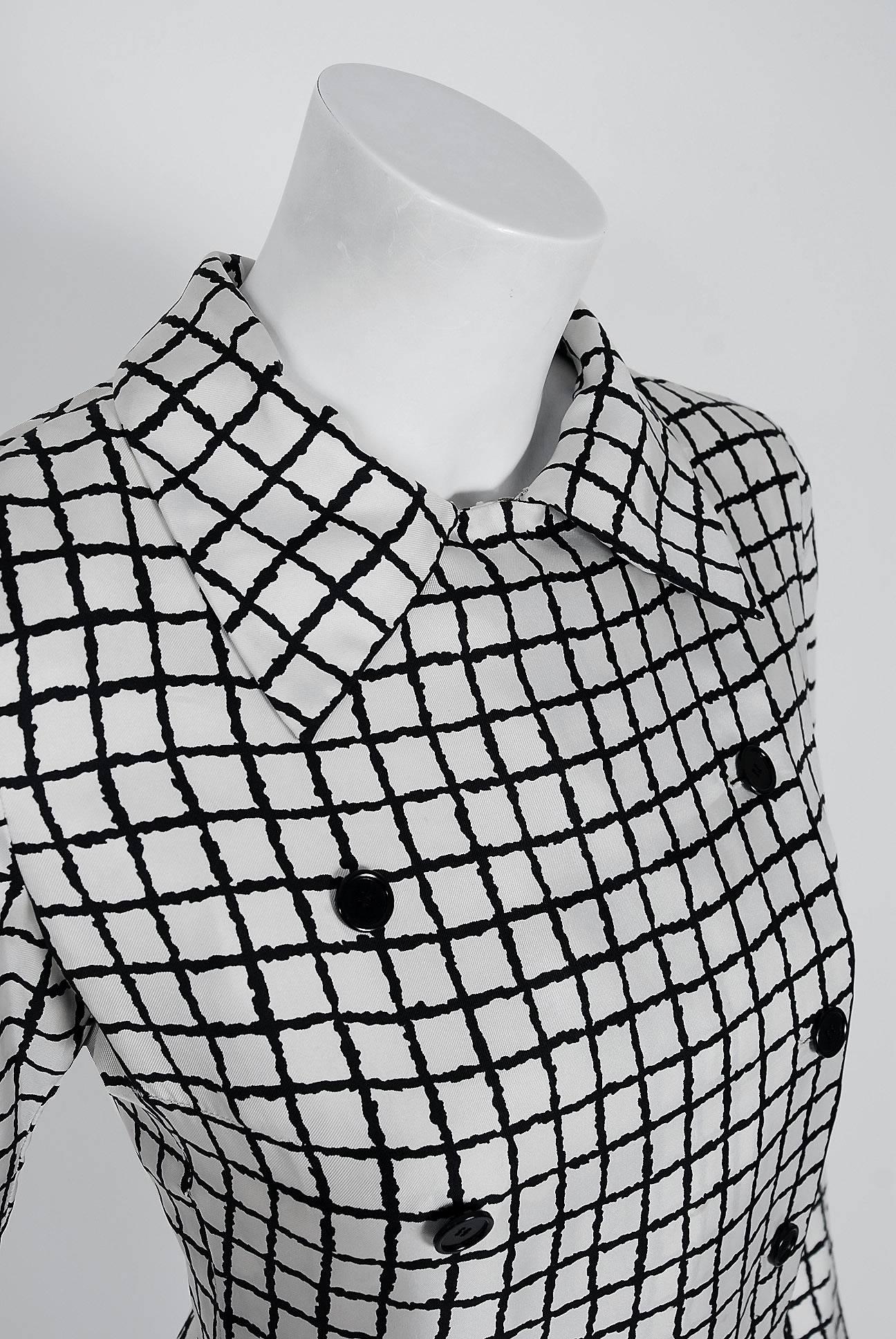 Gray 1967 Yves Saint Laurent Haute-Couture Black White Check Print Silk Pleated Dress