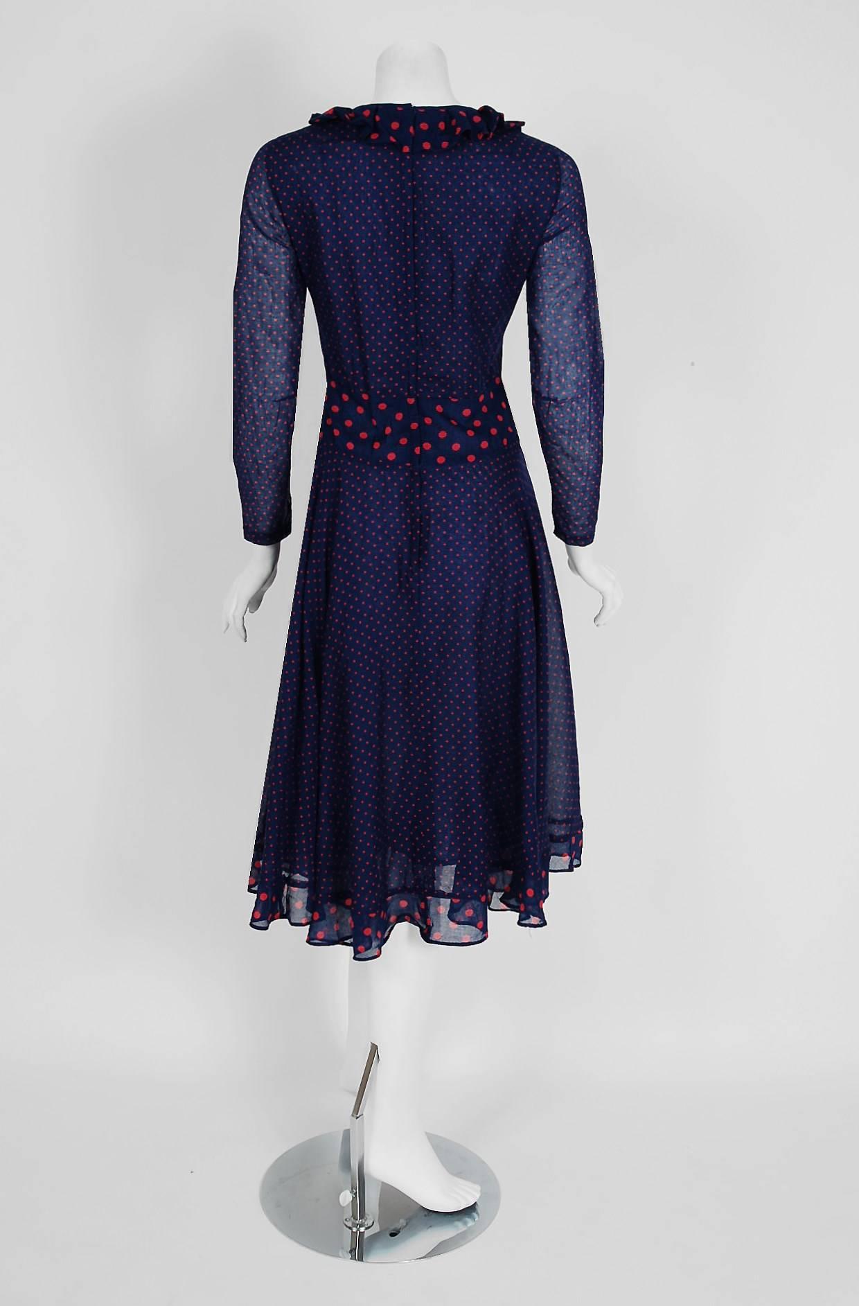 Vintage 1974 Thea Porter Navy & Pink Dotted Print Cotton Voile Long-Sleeve Dress In Excellent Condition In Beverly Hills, CA