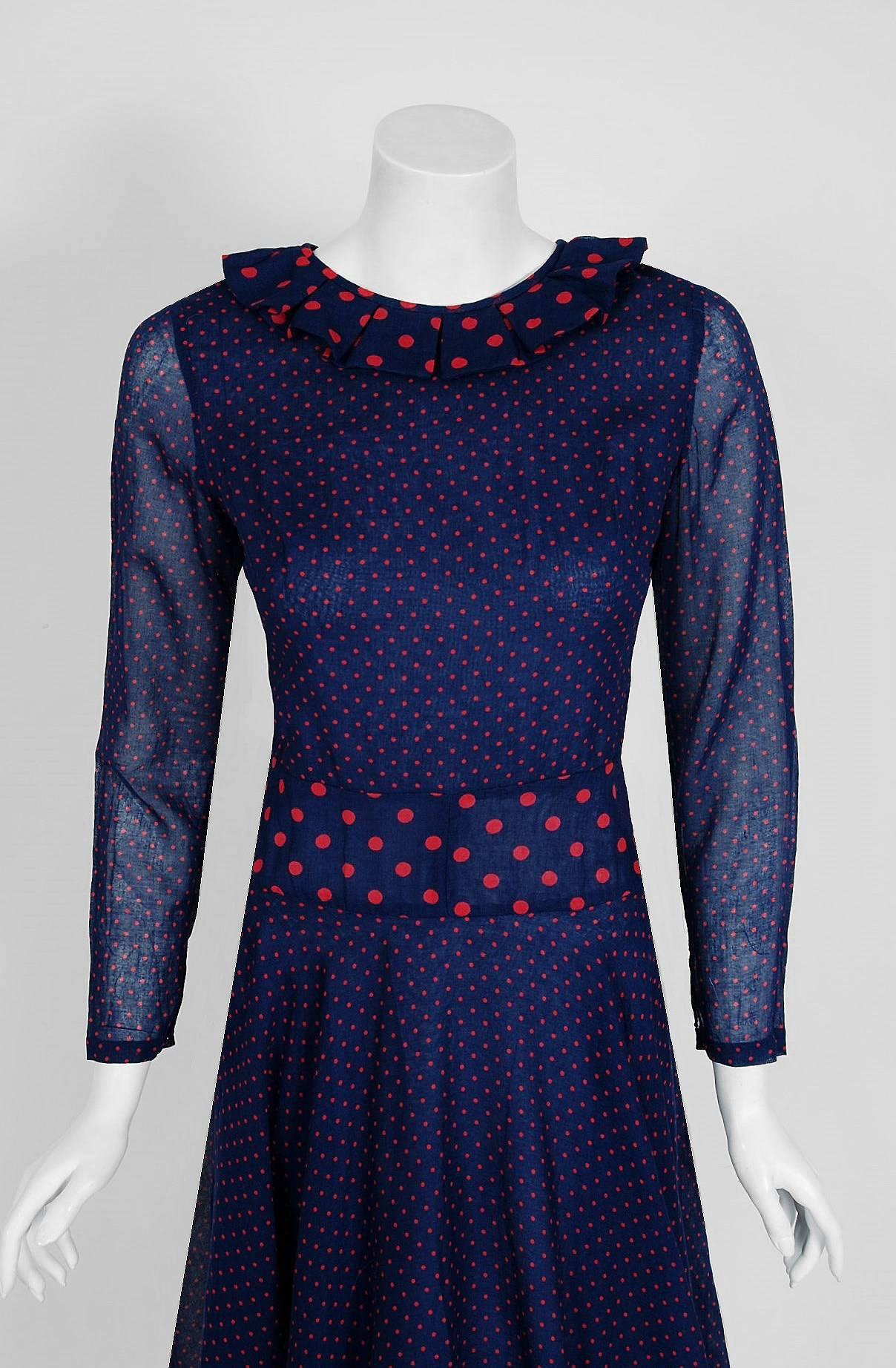 Black Vintage 1974 Thea Porter Navy & Pink Dotted Print Cotton Voile Long-Sleeve Dress