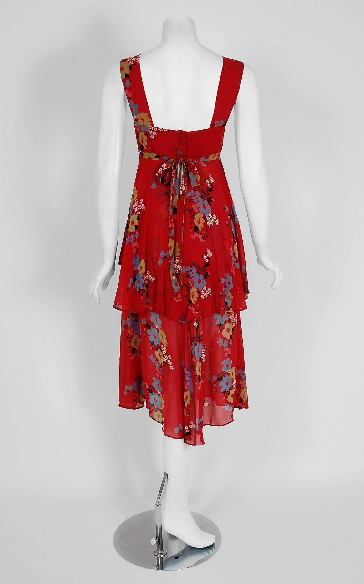 Women's 1970's Ossie Clark Raspberry-Red Floral Crepe Celia Birtwell Print Tiered Dress