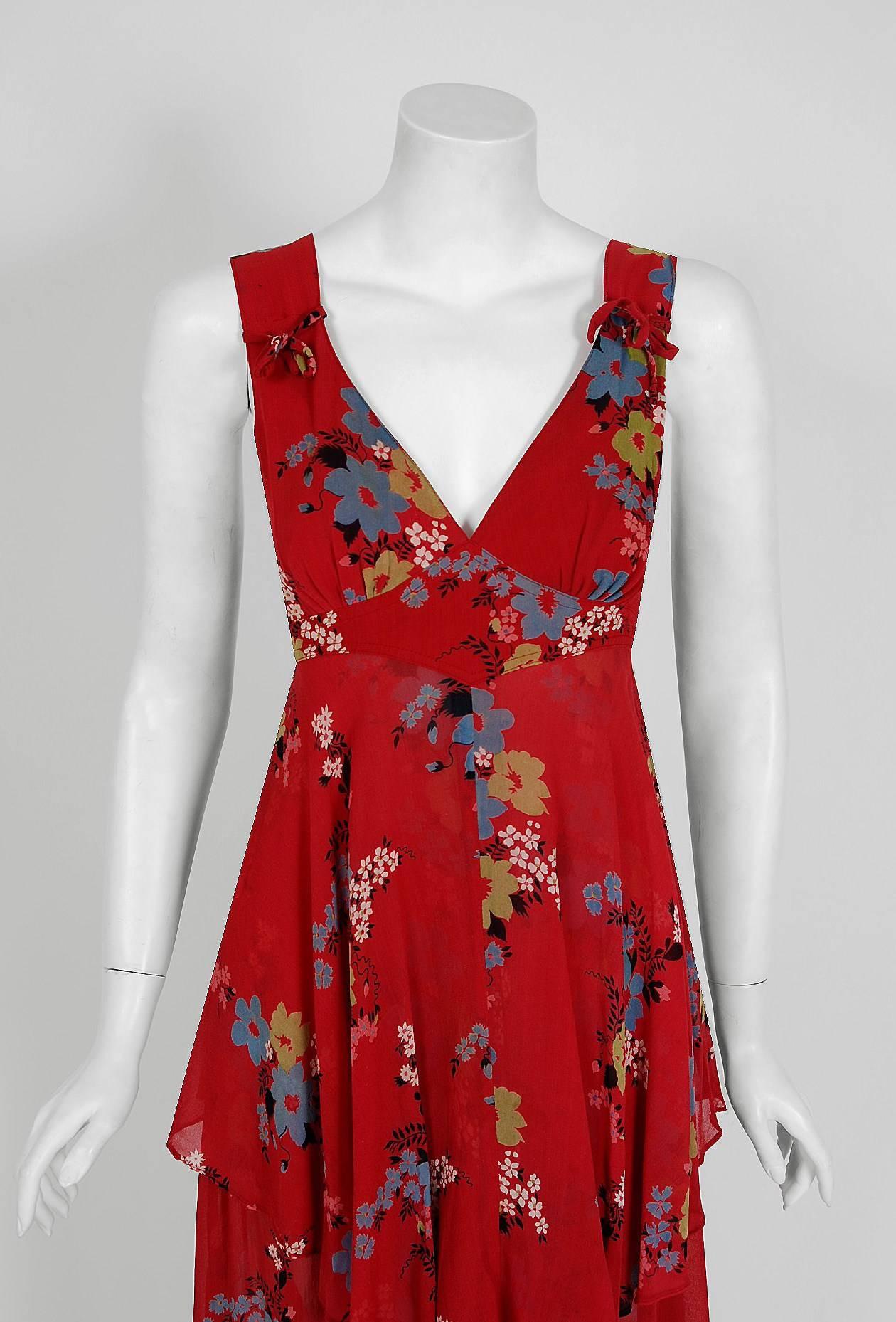 1970's Ossie Clark Raspberry-Red Floral Crepe Celia Birtwell Print Tiered Dress In Excellent Condition In Beverly Hills, CA