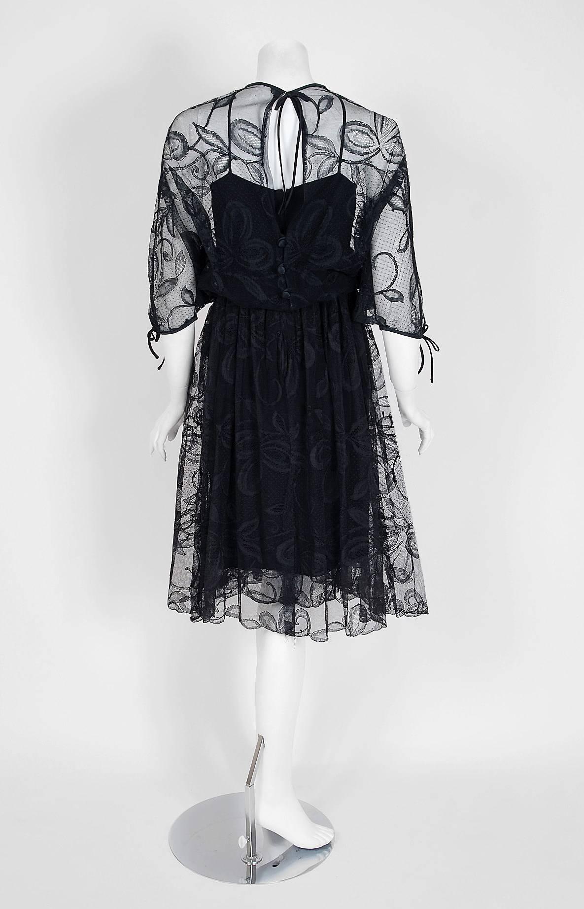 1970's Donald Brooks Black Lace Illusion Plunge Batwing-Sleeve Goddess Dress  1