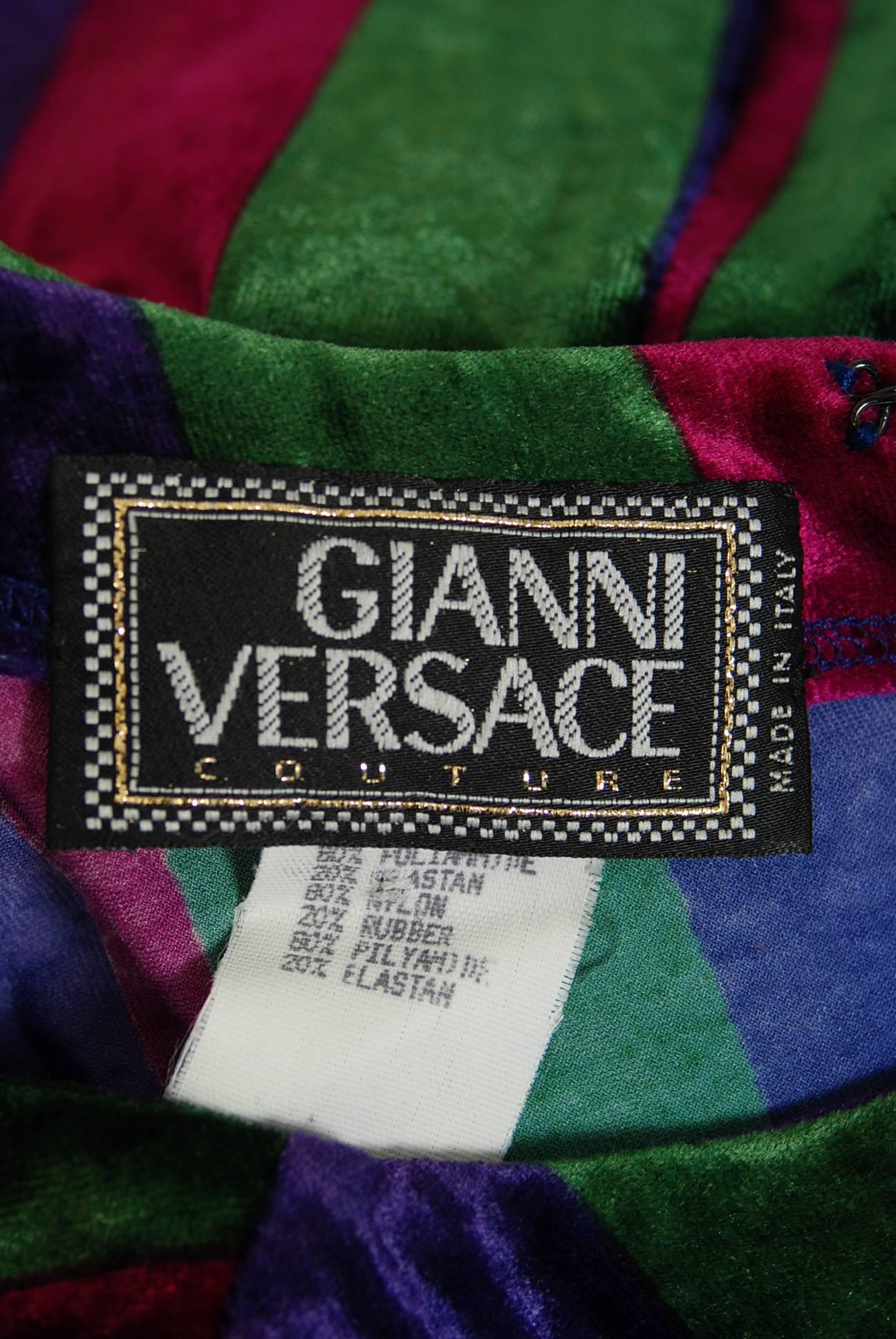 1993 Gianni Versace Couture Striped Velvet Hourglass Long-Sleeve Gown Dress  2