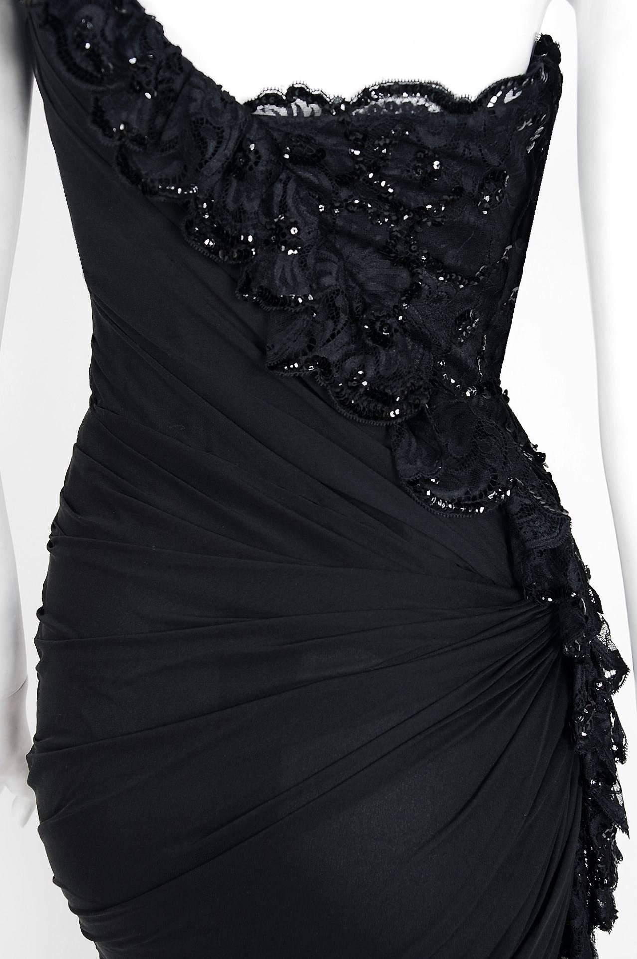 1977 Loris Azzaro Couture Black Sequin Lace Chiffon One-Shoulder Bias Cut Dress 1