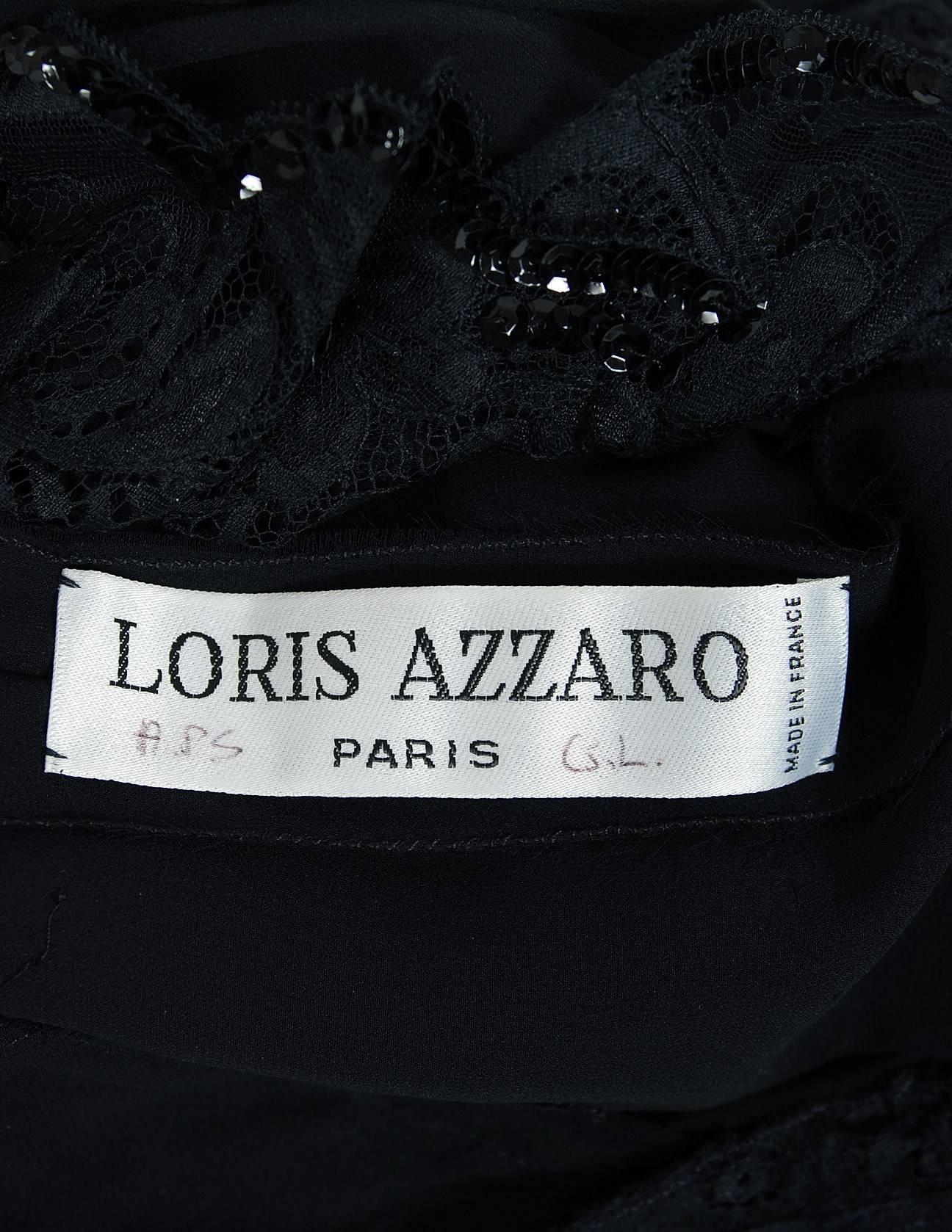 1977 Loris Azzaro Couture Black Sequin Lace Chiffon One-Shoulder Bias Cut Dress 2