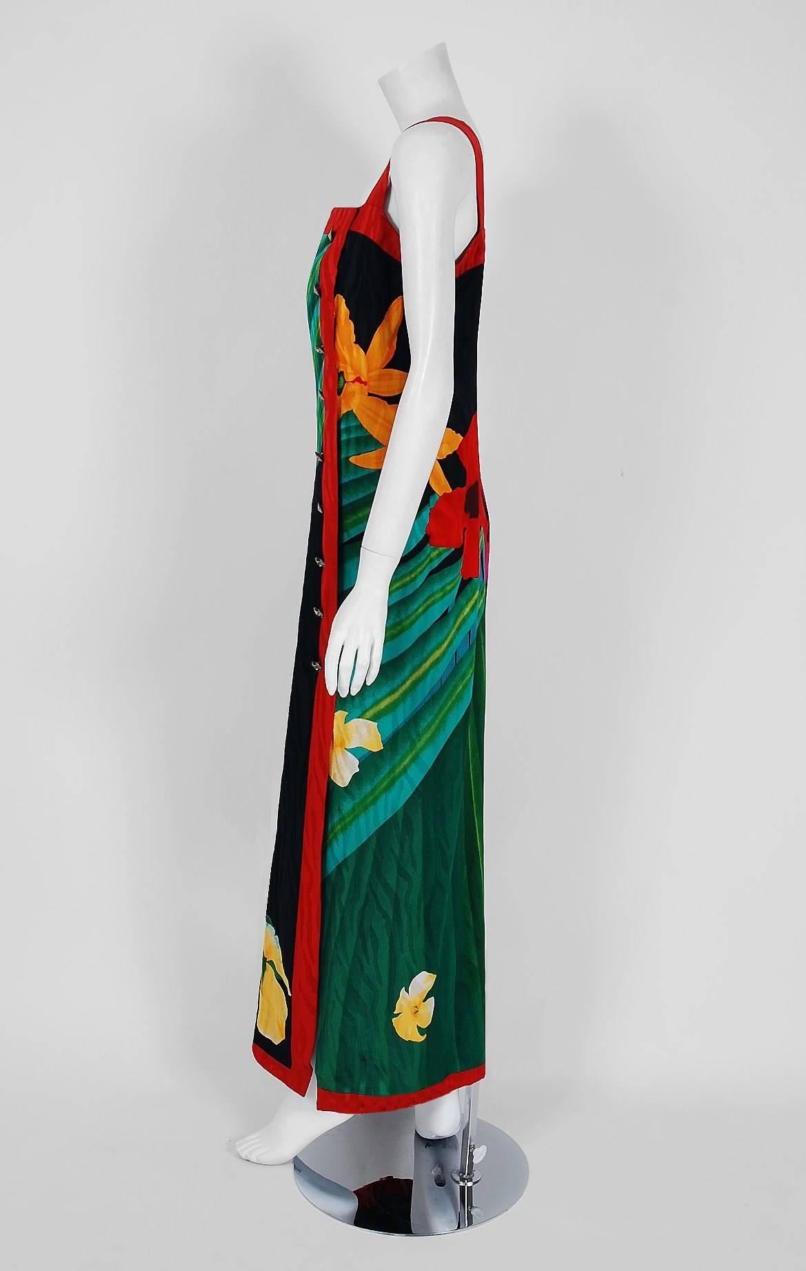 Women's 1970's Pauline Trigere Tropical Floral Watercolor Silk Rhinestone Resort Dress