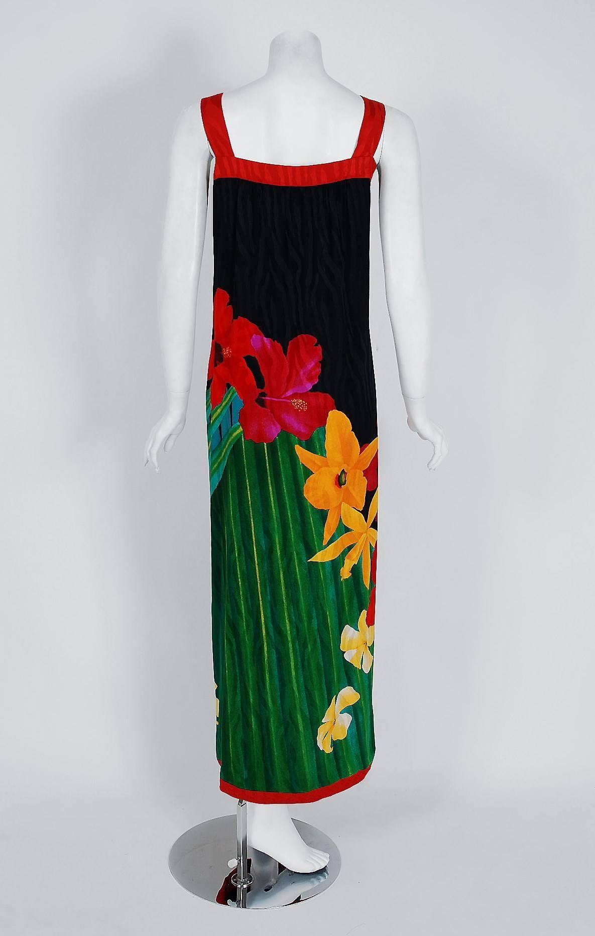 1970's Pauline Trigere Tropical Floral Watercolor Silk Rhinestone Resort Dress 1