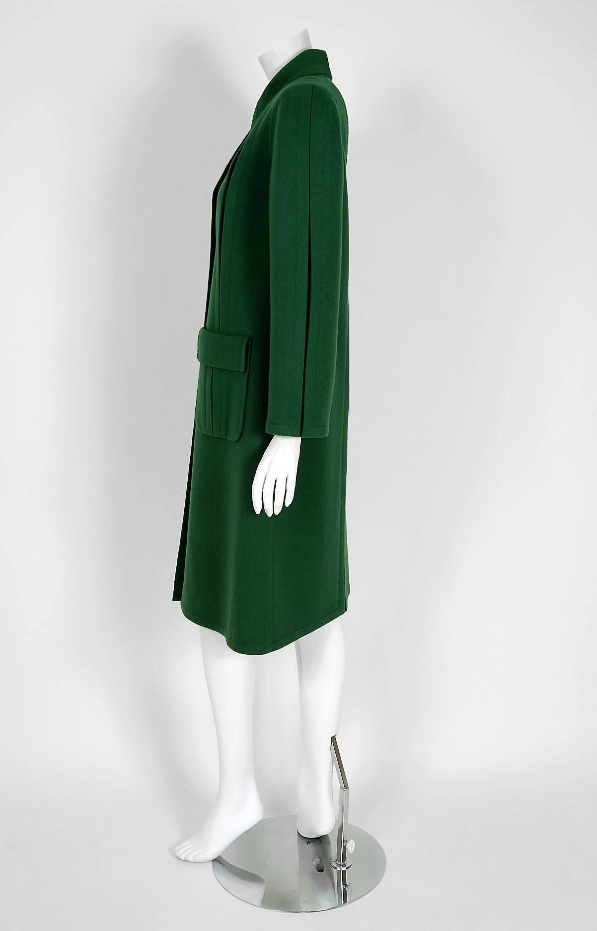 Black 1975 Valentino Couture Forest-Green Wool Mod Military Pockets Pleated Coat