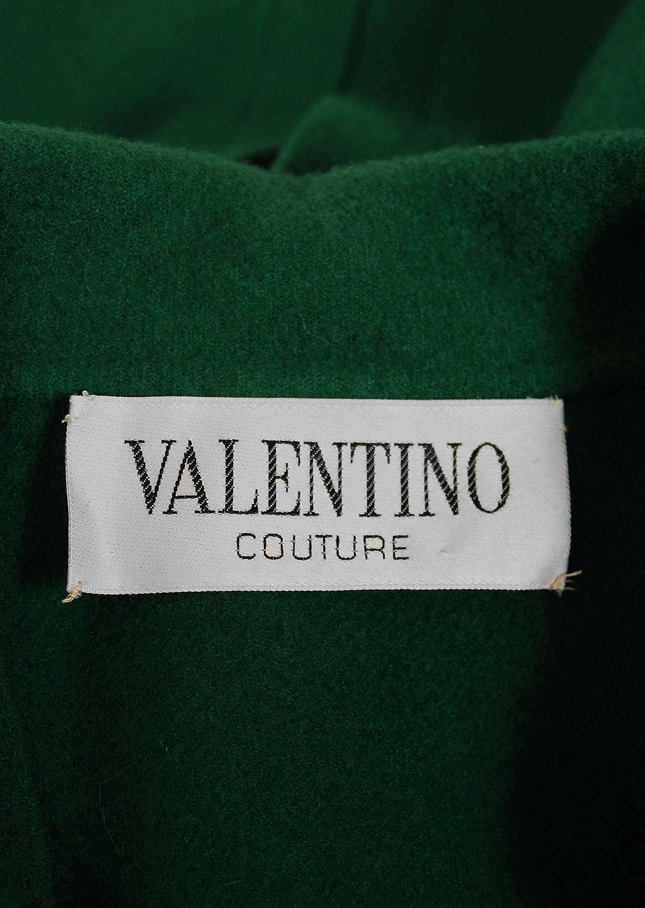 Women's 1975 Valentino Couture Forest-Green Wool Mod Military Pockets Pleated Coat