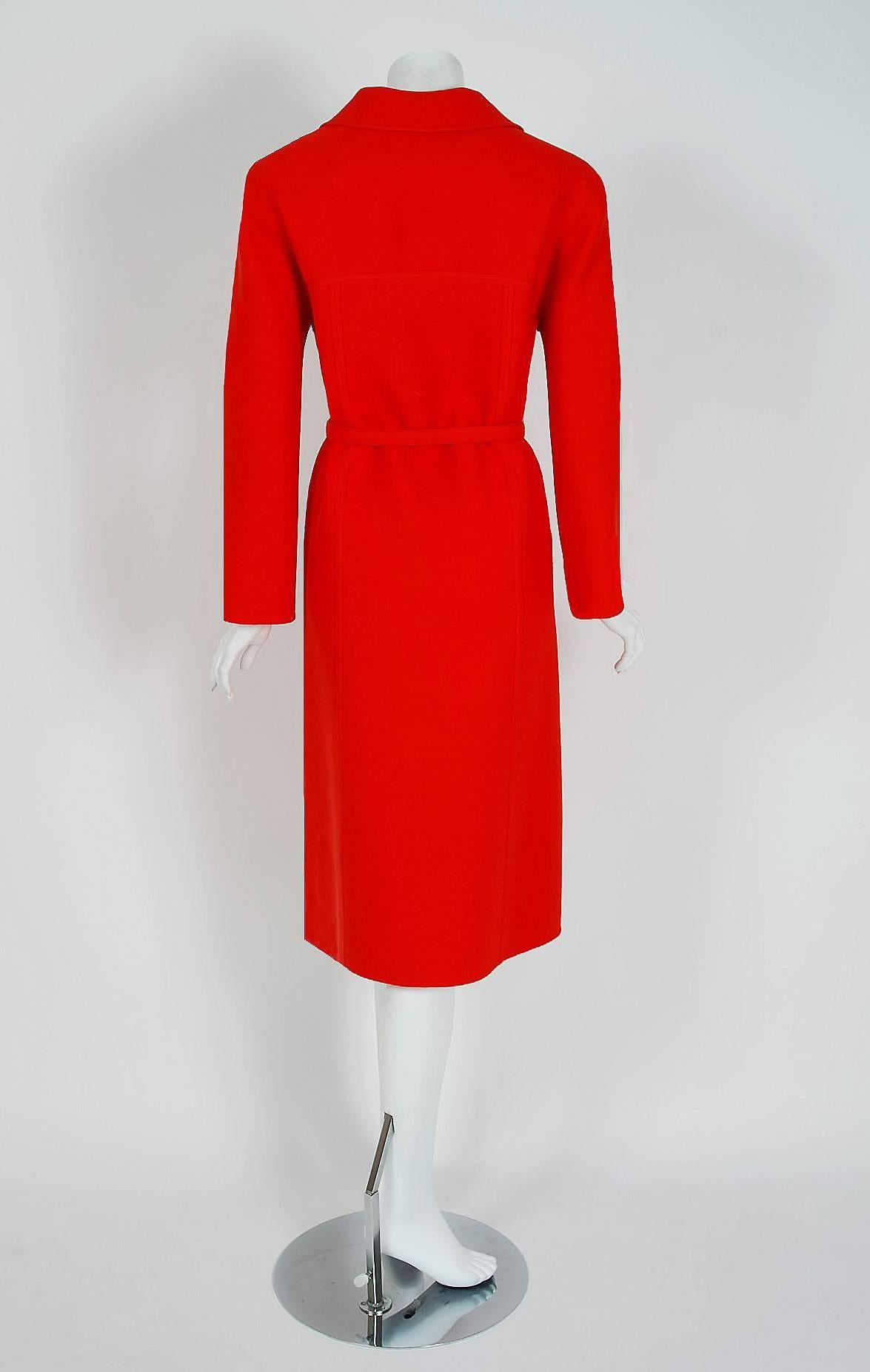 Women's 1970's Valentino Couture Red Wool Tailored Mod Military Belted Trench Coat
