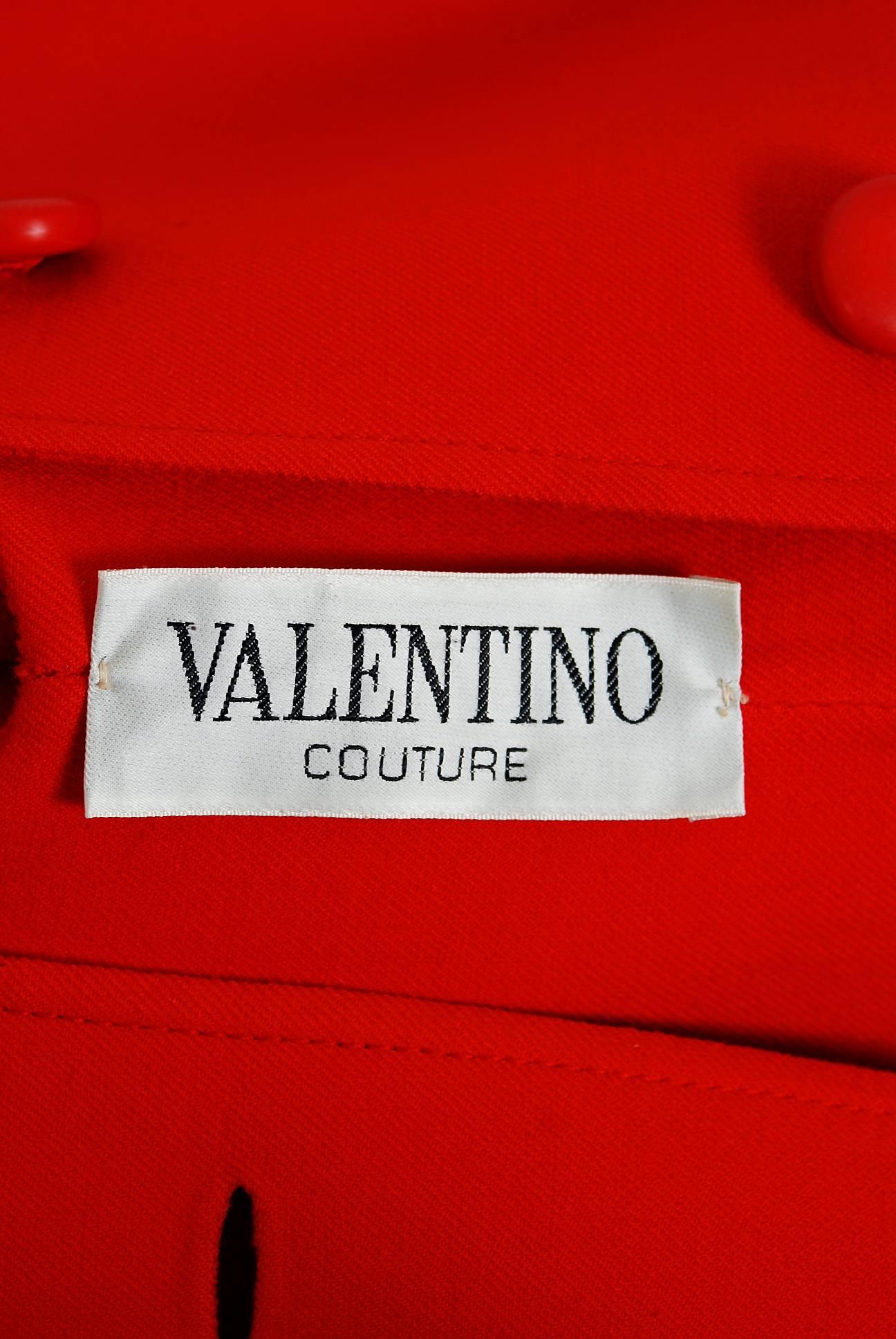 1970's Valentino Couture Red Wool Tailored Mod Military Belted Trench Coat 1
