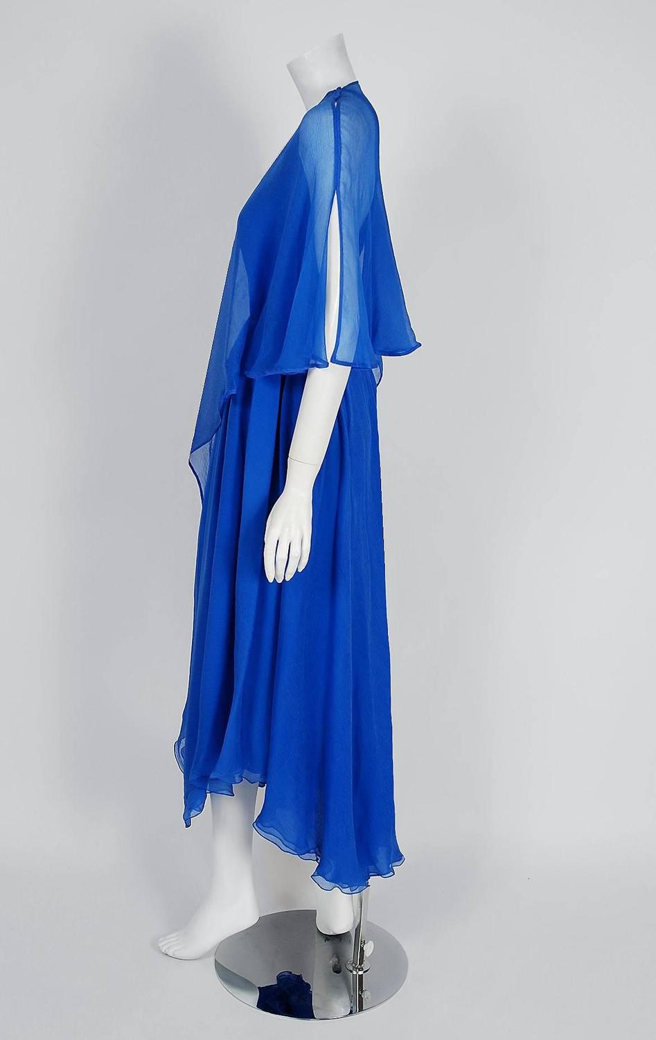 1970's Oscar de la Renta Royal-Blue Crepe Chiffon Asymmetric Goddess ...