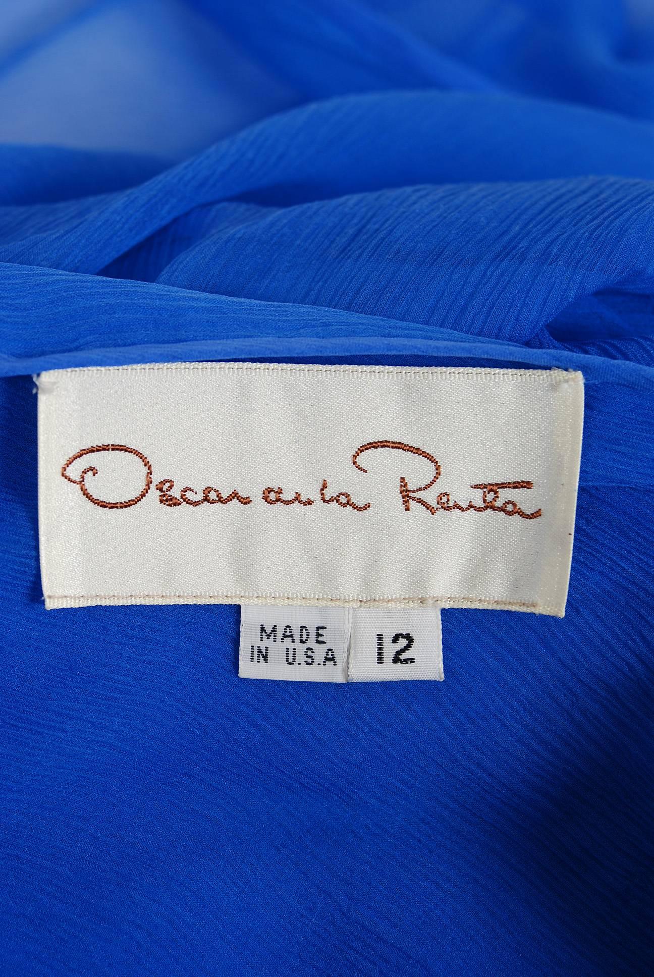 Women's Vintage 1970's Oscar de la Renta Royal-Blue Silk Asymmetric Caftan Dress Set