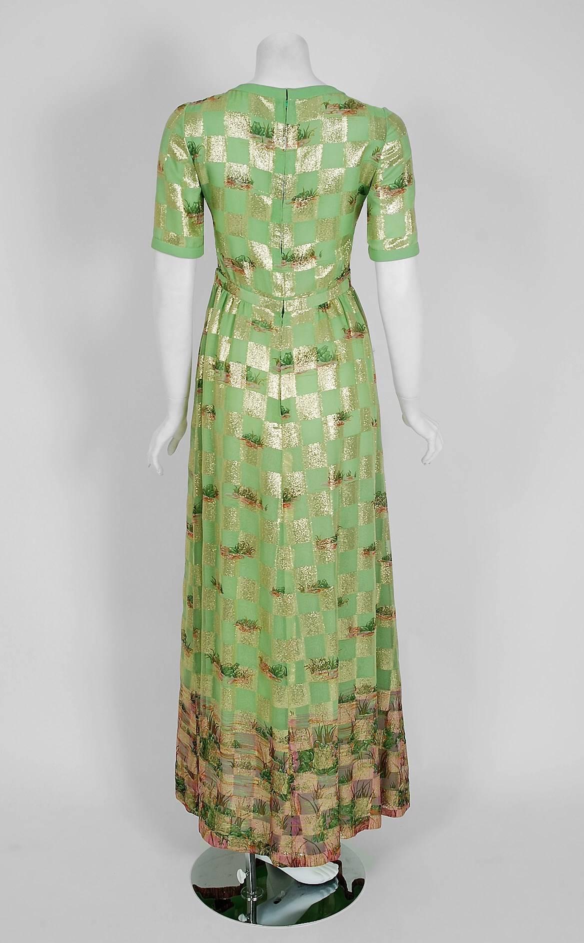 Women's 1970's Valentino Couture Metallic Gold Green Silk Novelty Frog-Print Gown Set