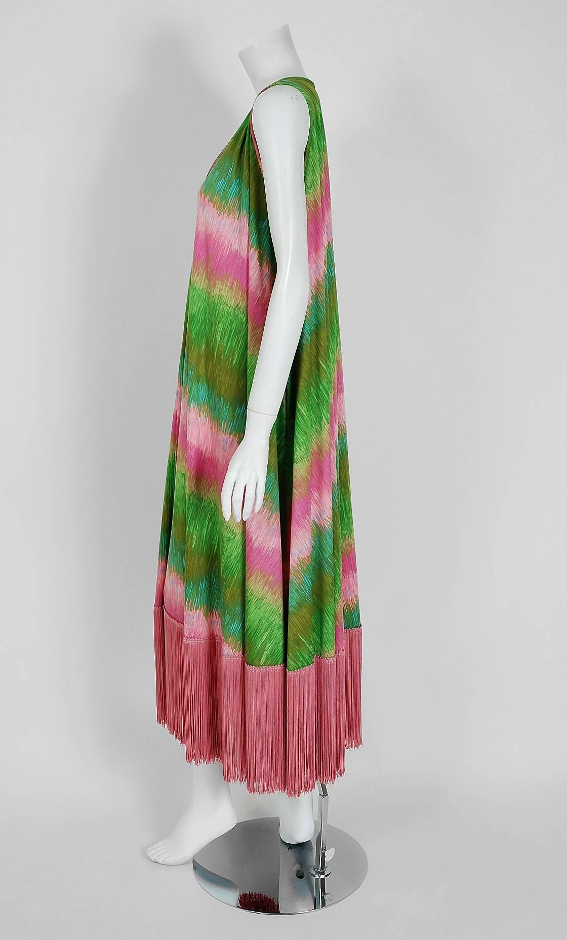 1970's Mr. Blackwell Green Pink Abstract Print Fringe Low-Plunge Caftan Dress  In Excellent Condition In Beverly Hills, CA
