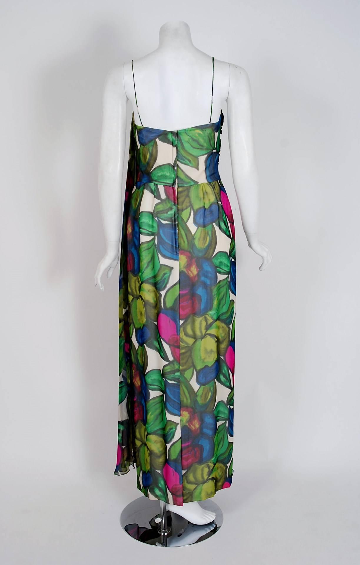 1960's Will Steinman Colorful Floral Draped Silk-Chiffon Grecian Goddess Gown  In Excellent Condition In Beverly Hills, CA