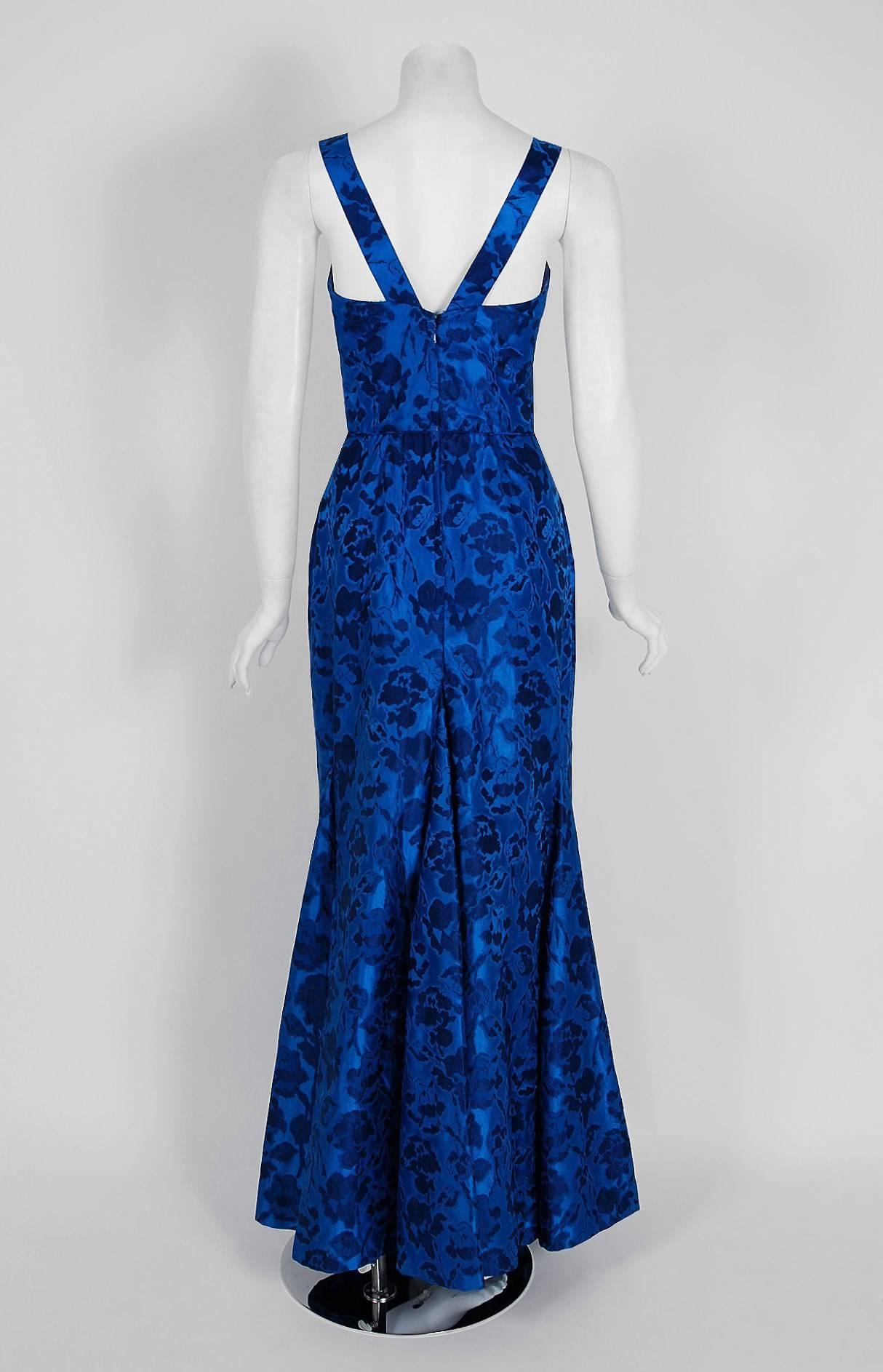 1950's Peggy Hunt Sapphire-Blue Roses Floral Silk Sculpted Mermaid Evening Gown 1