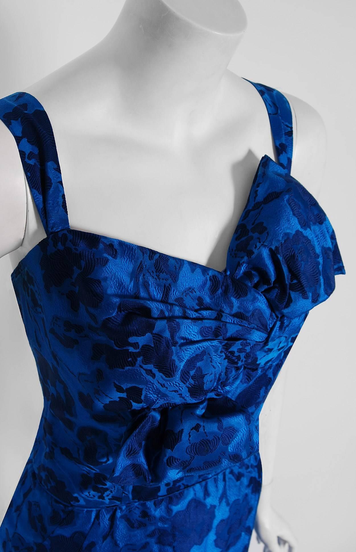 1950's Peggy Hunt Sapphire-Blue Roses Floral Silk Sculpted Mermaid ...
