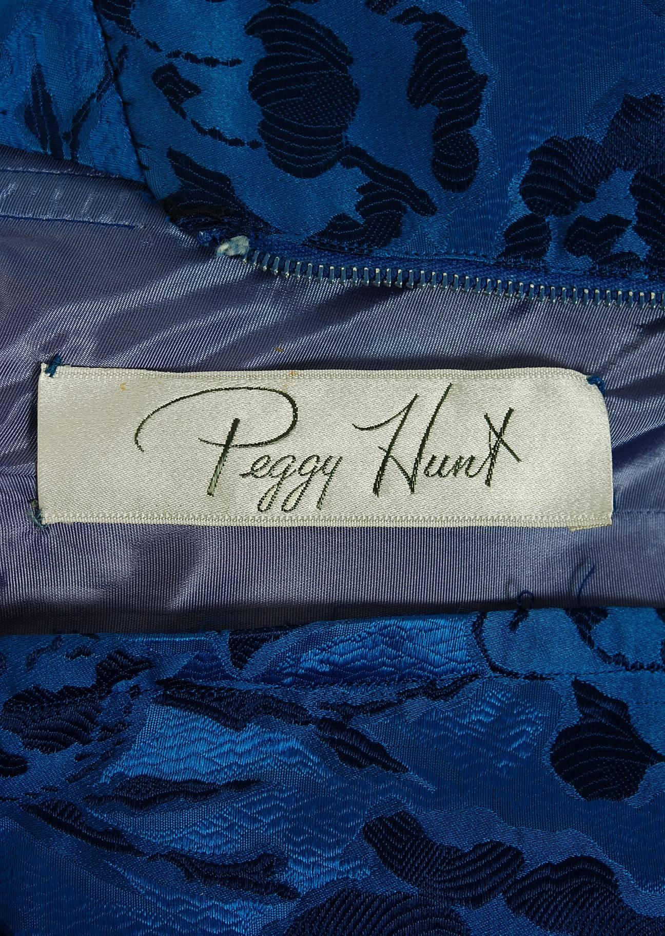 1950's Peggy Hunt Sapphire-Blue Roses Floral Silk Sculpted Mermaid Evening Gown 2