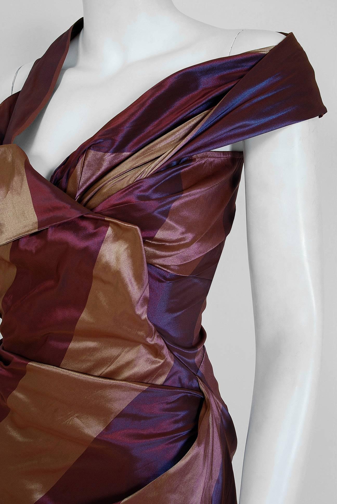 Brown 1990's Vivienne Westwood Striped Silk Asymmetric Corset Sculpted Cocktail Dress