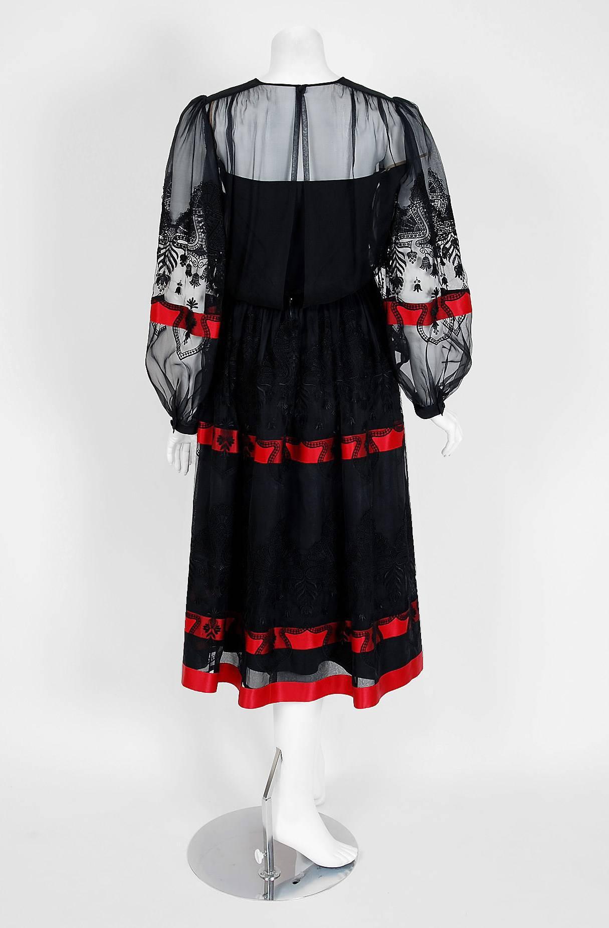 1990's Valentino Couture Black Embroidered Chiffon & Magenta Silk Peasant Dress 1