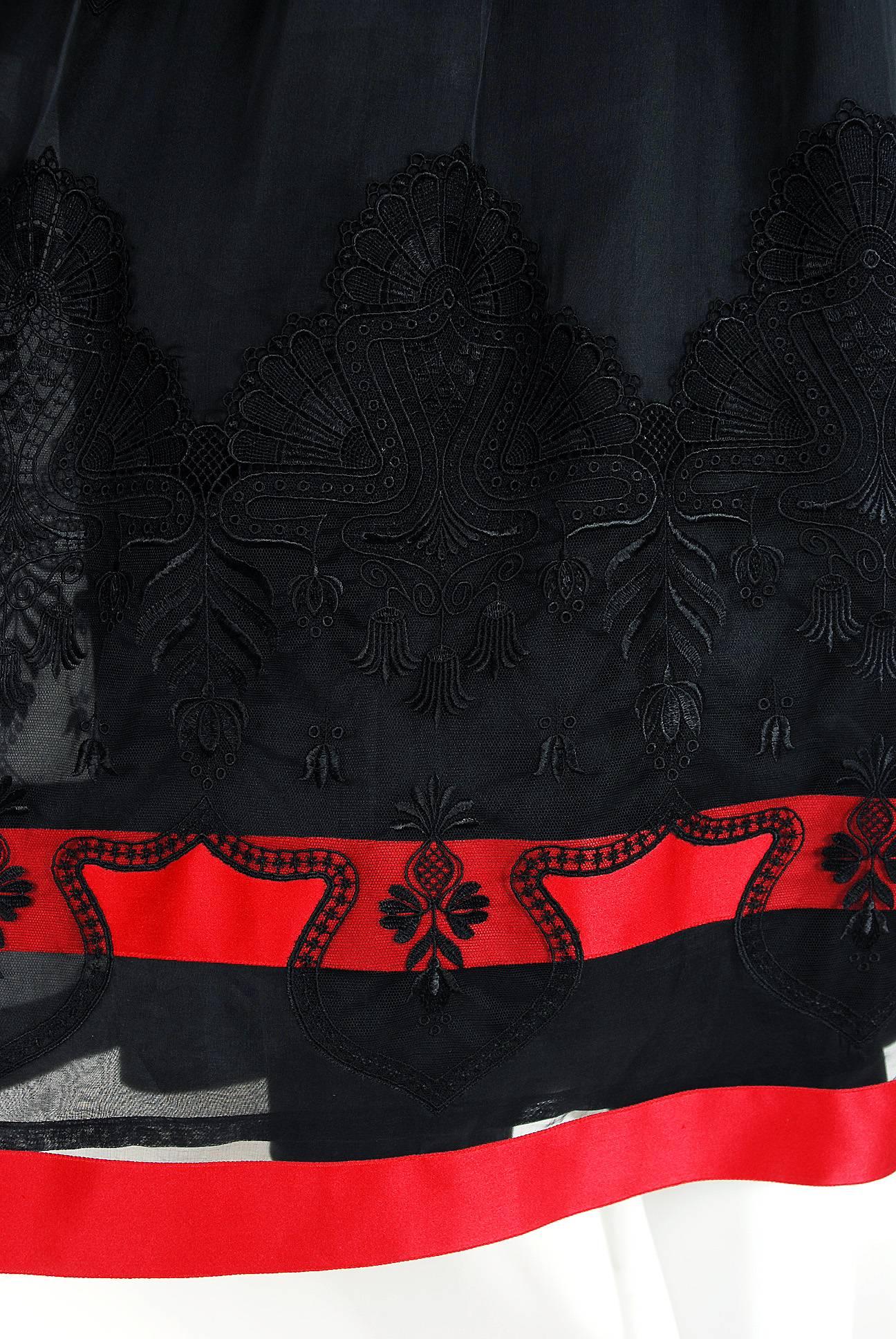 Women's 1990's Valentino Couture Black Embroidered Chiffon & Magenta Silk Peasant Dress