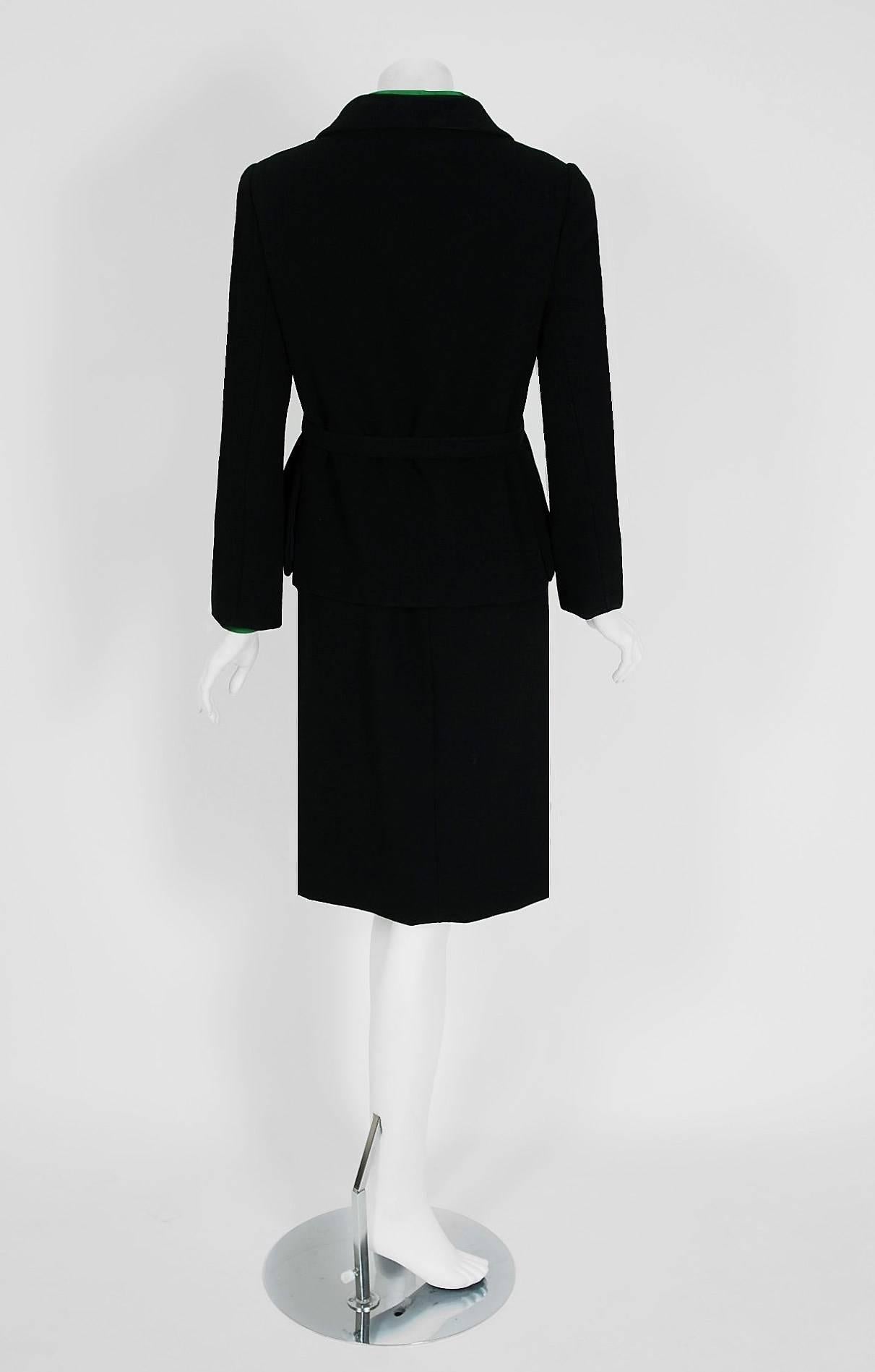 Vintage 1960's Burke-Amey Couture Black Wool & Green Silk Applique Dress Suit For Sale 1