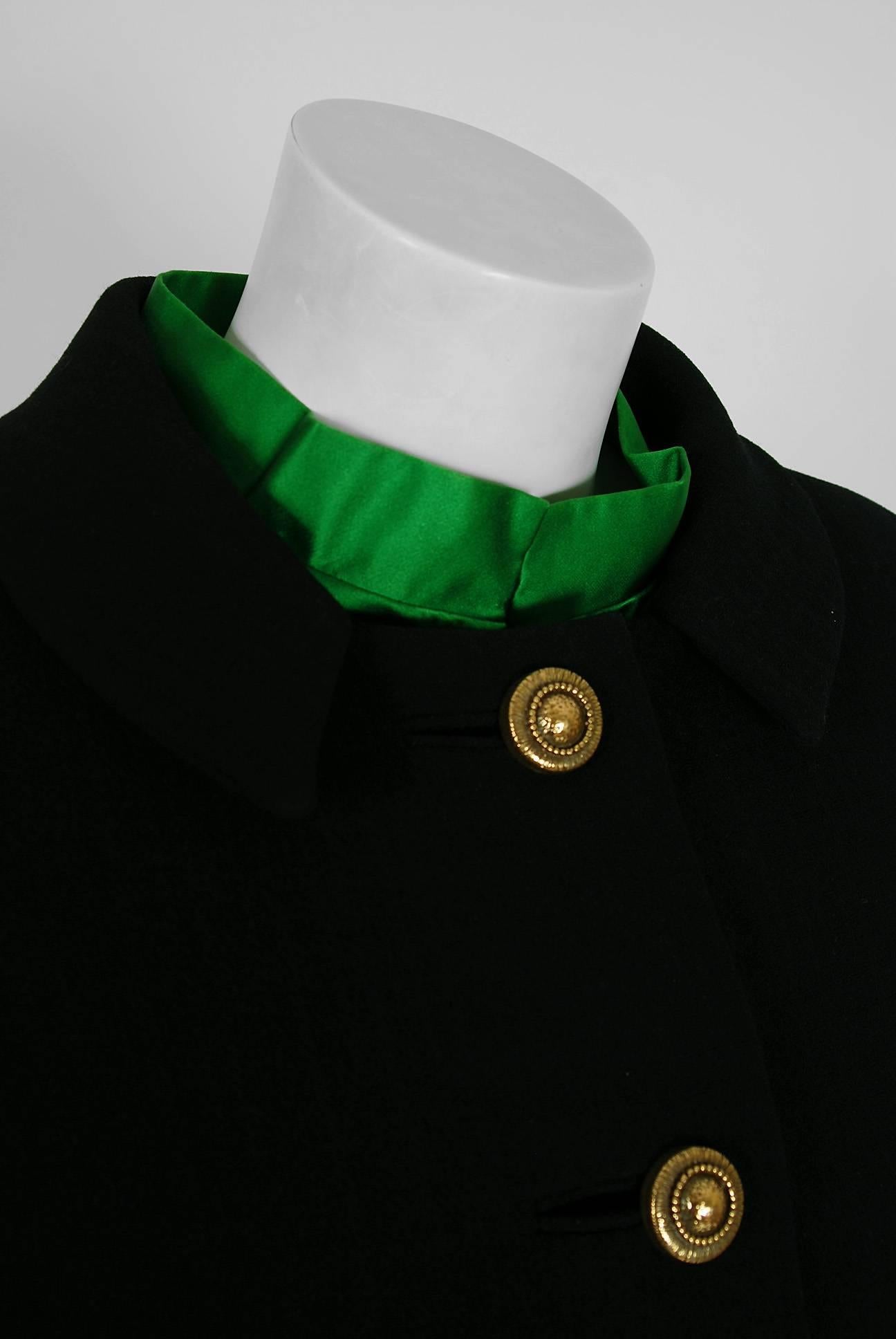 Vintage 1960's Burke-Amey Couture Black Wool & Green Silk Applique Dress Suit In Good Condition For Sale In Beverly Hills, CA